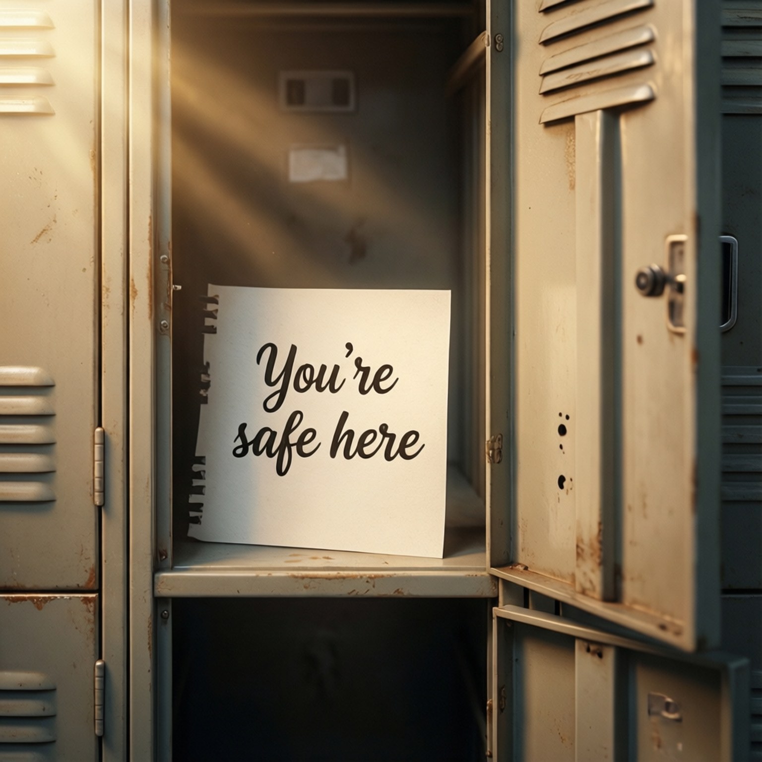A comforting image of a locker with an encouraging note, promoting safety and support.