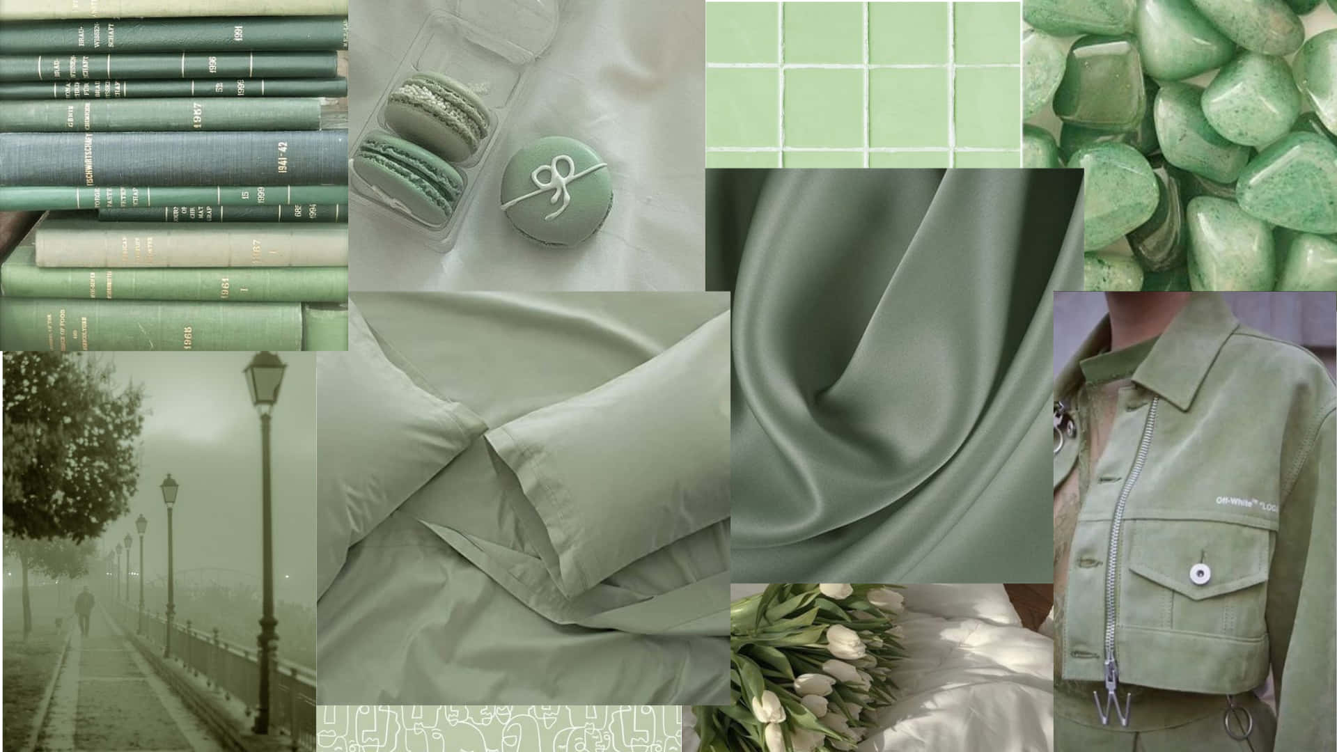 Sage Aesthetic Collage Books And Macarons Wallpaper
