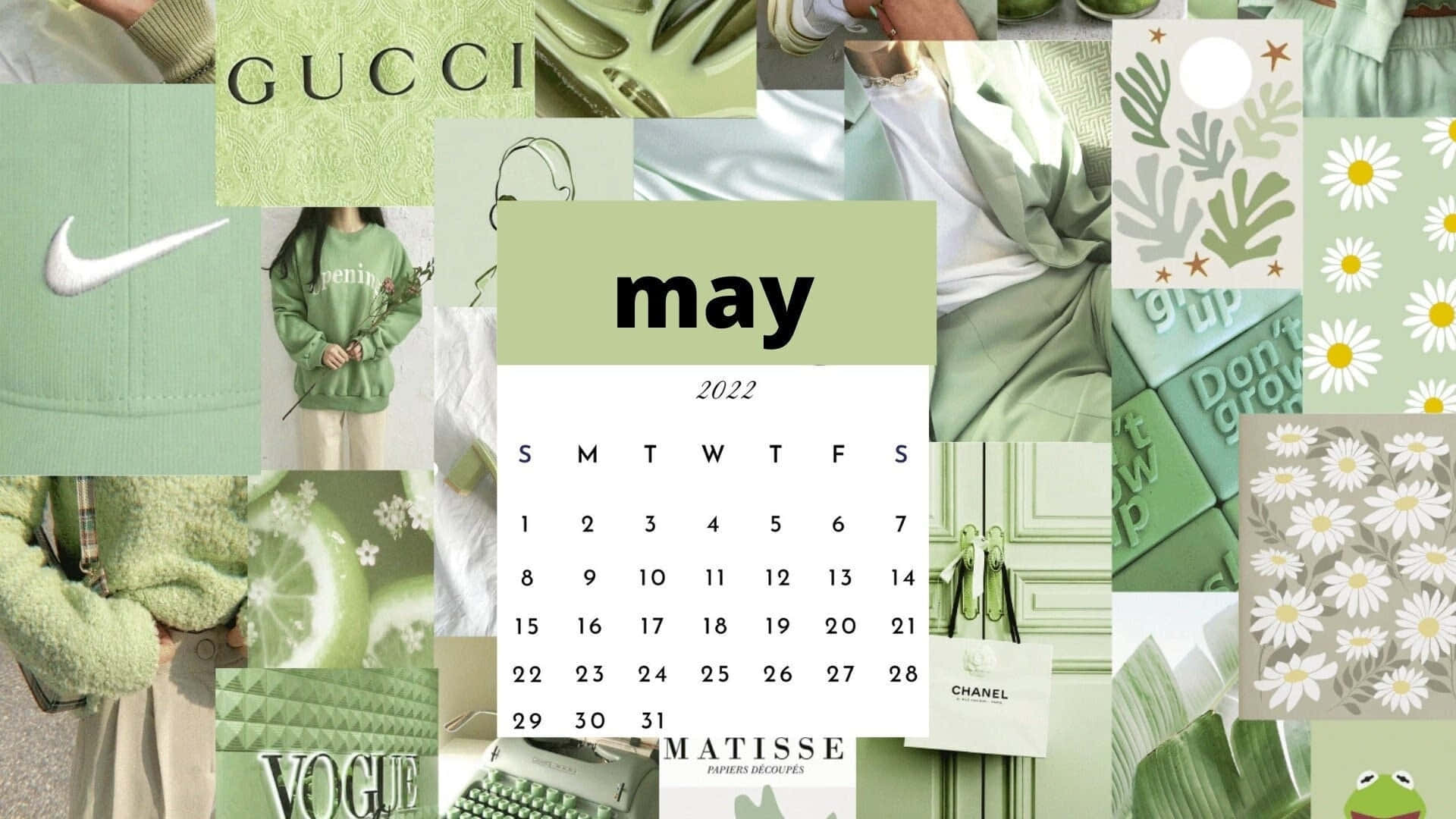 Sage Green Aesthetic Collage May Calendar Wallpaper