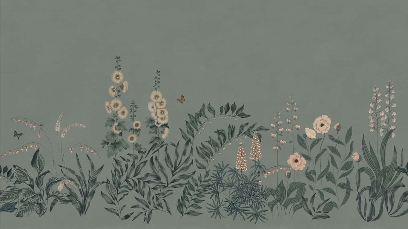 Sage Green Floral Artwork Wallpaper