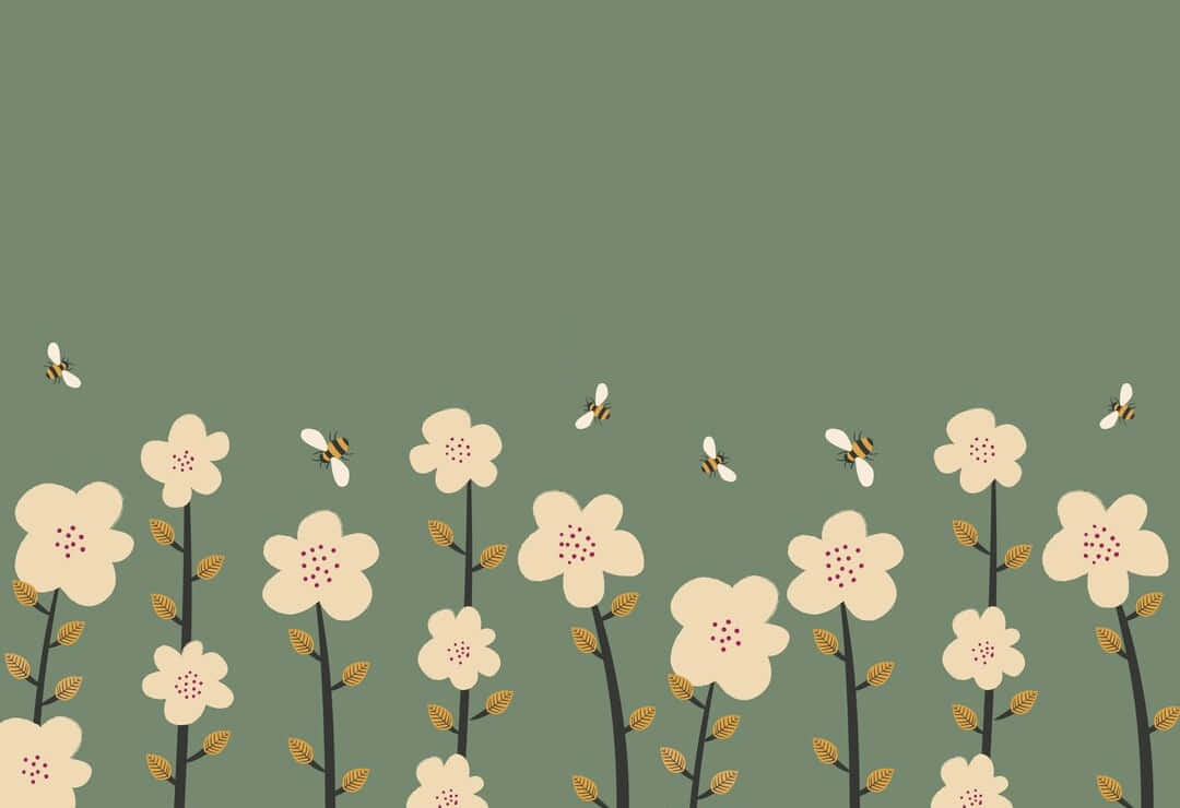 Sage Green Floral Patternwith Bees Wallpaper