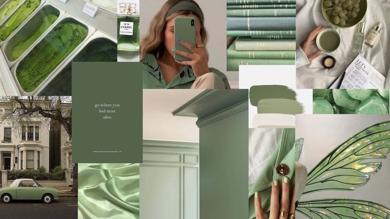 A Collage Of Photos Of Green And White Wallpaper