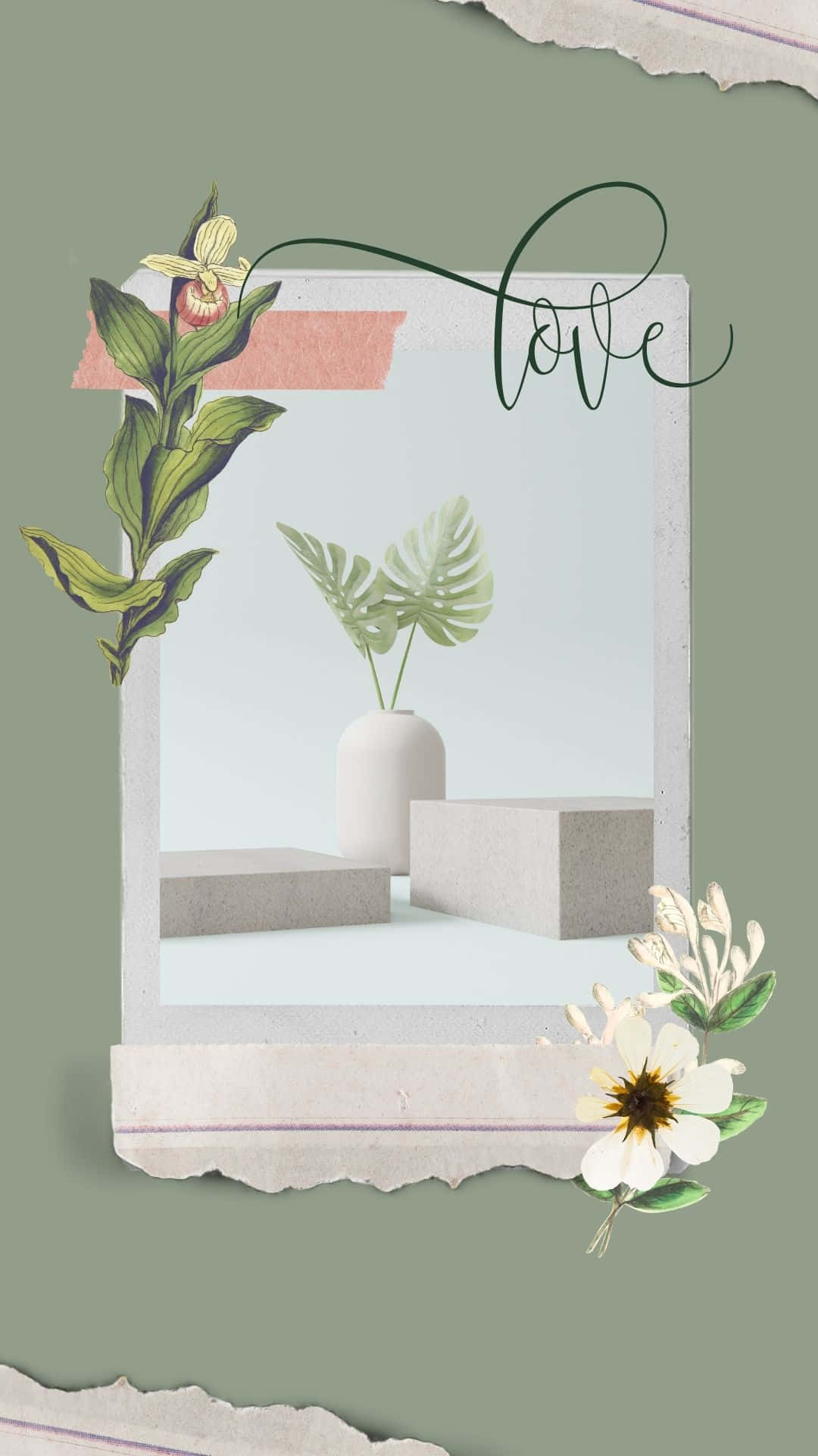 Sage Green Love Floral Artwork Wallpaper