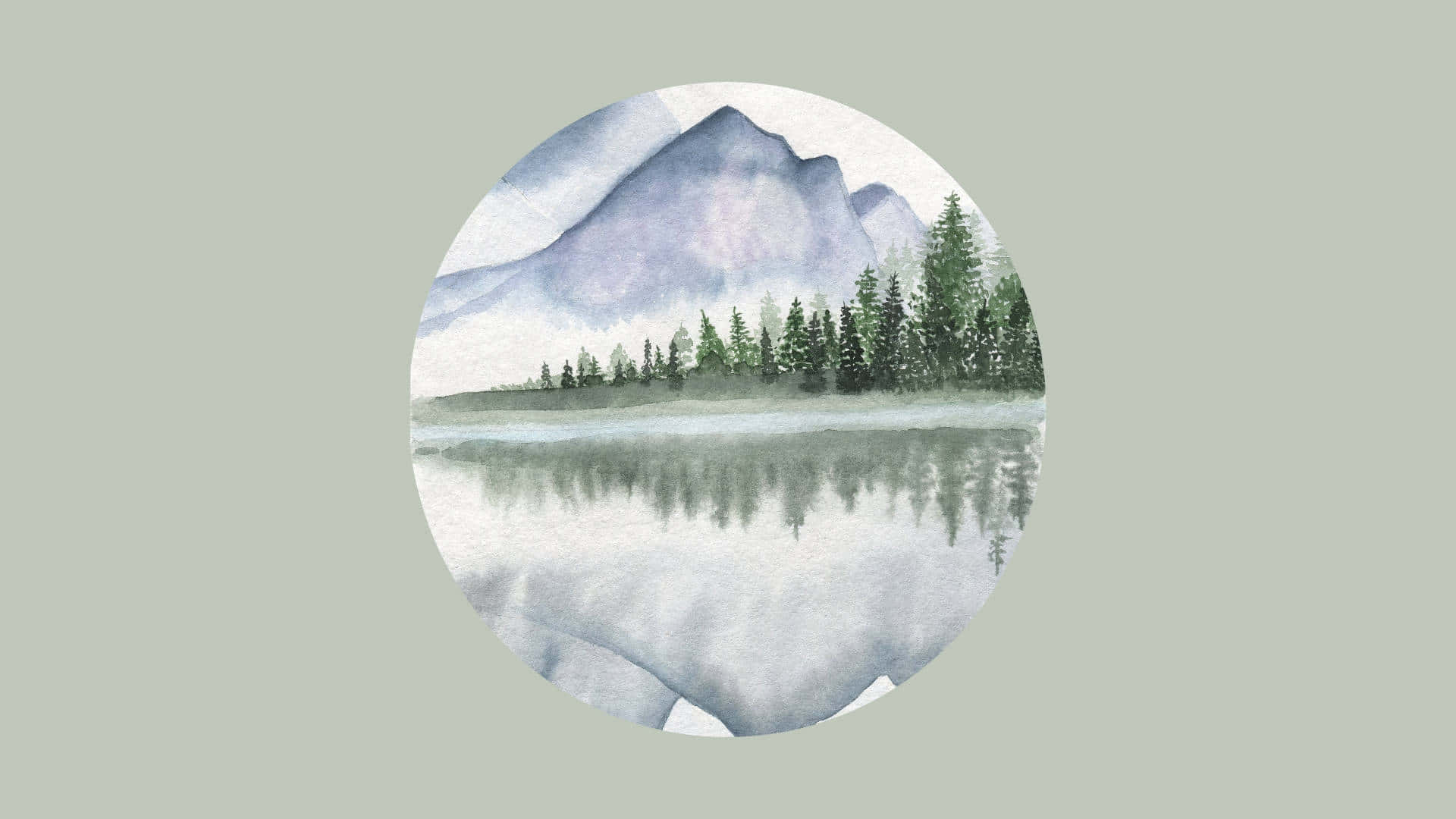 Sage Green Mountain Lake Watercolor Wallpaper