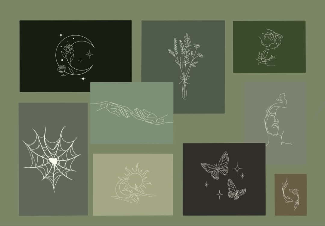Sage Green Nature Illustrations Collage Wallpaper