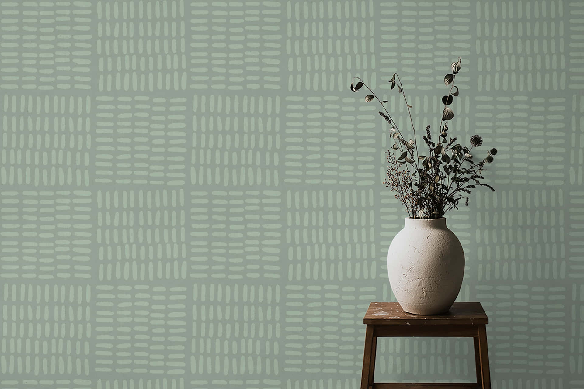 Sage Green Wall Dried Flowers Vase Wallpaper