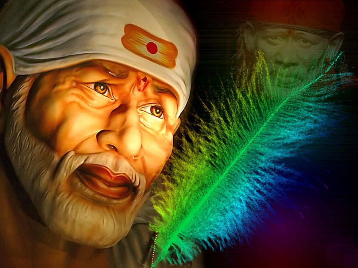 Sai Baba Green Blue Feather Picture