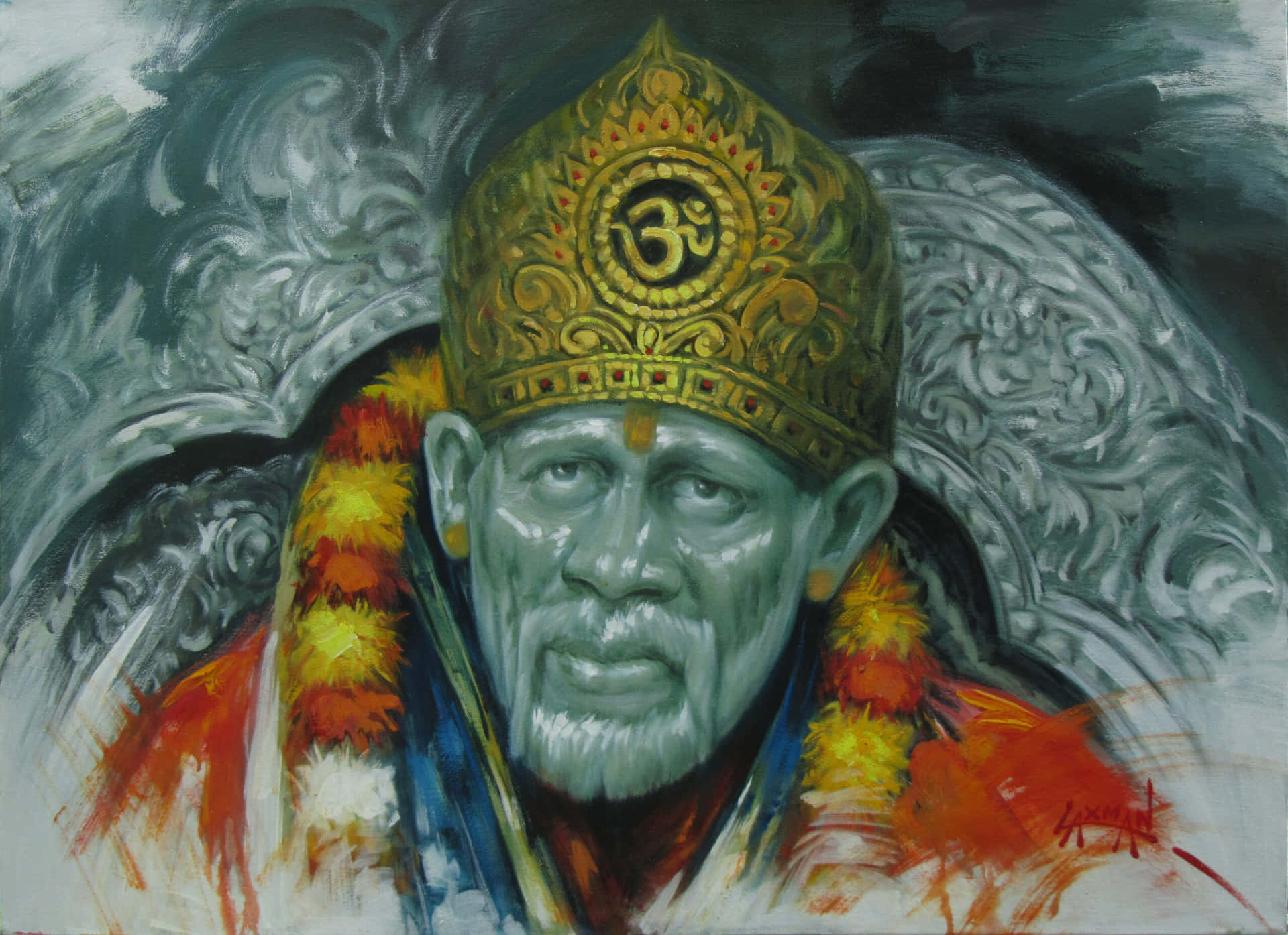 Immaginedi Sai Baba Con Una Ghirlanda Colorata