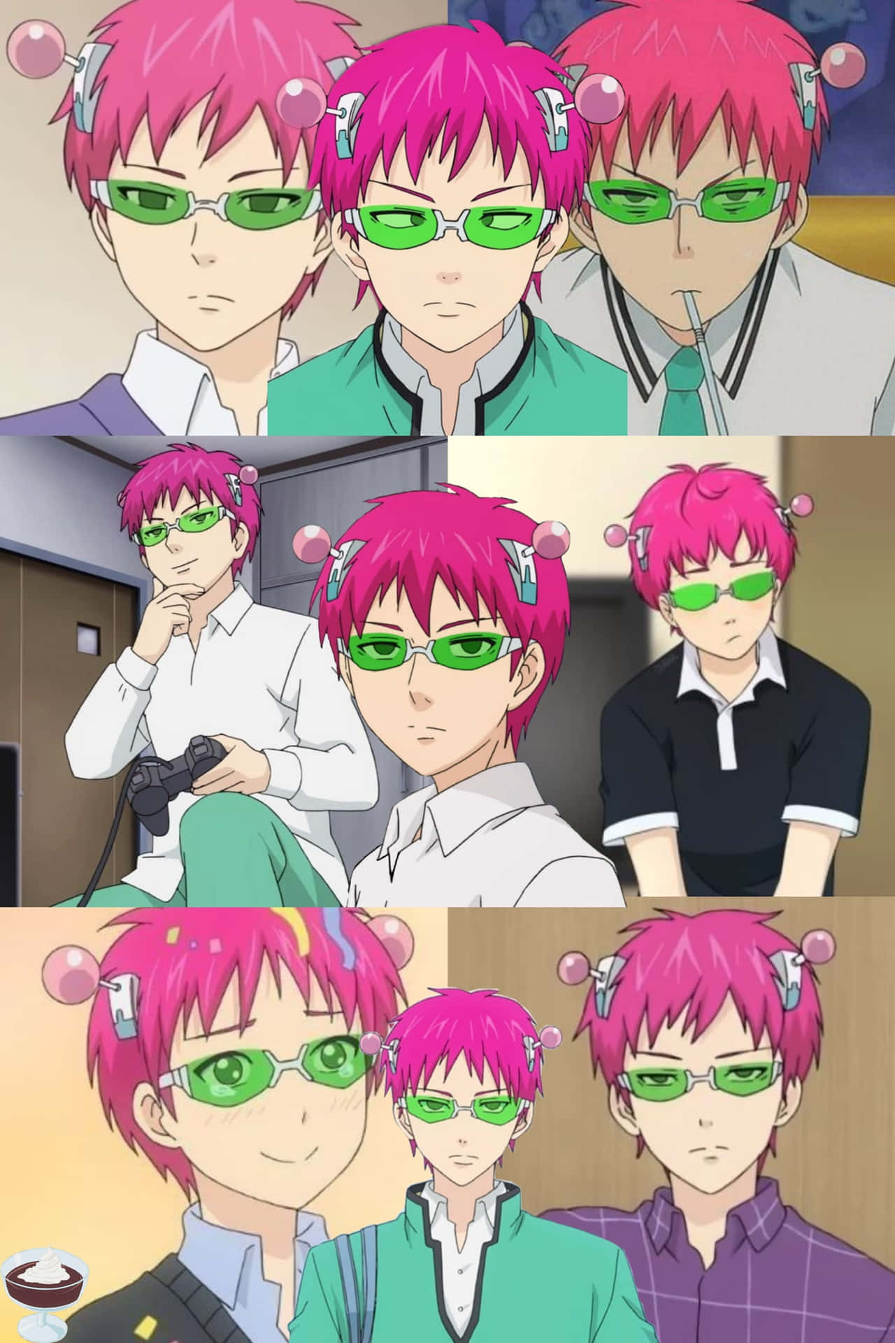 En collage af anime-karakterer med pink hår og grønne briller Wallpaper