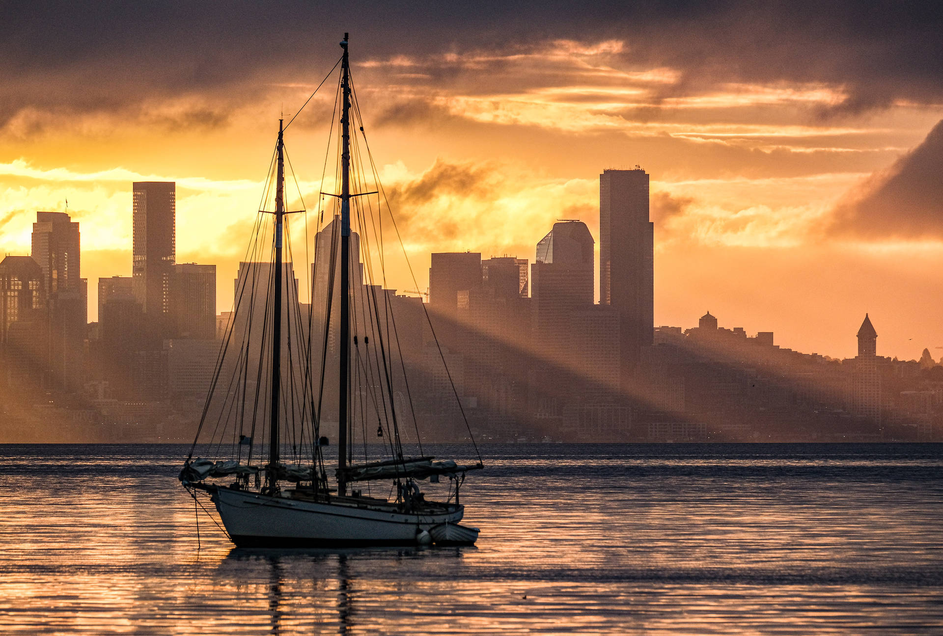 Sailing Boat And Sunset In Seattle
