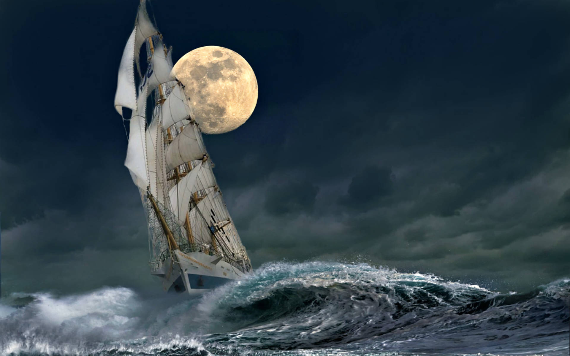 Sailing Boat Full Moon Wallpaper