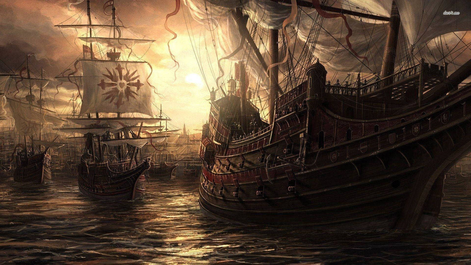 Brave Pirates aboard a War Ship on a High-Seas Adventure Wallpaper