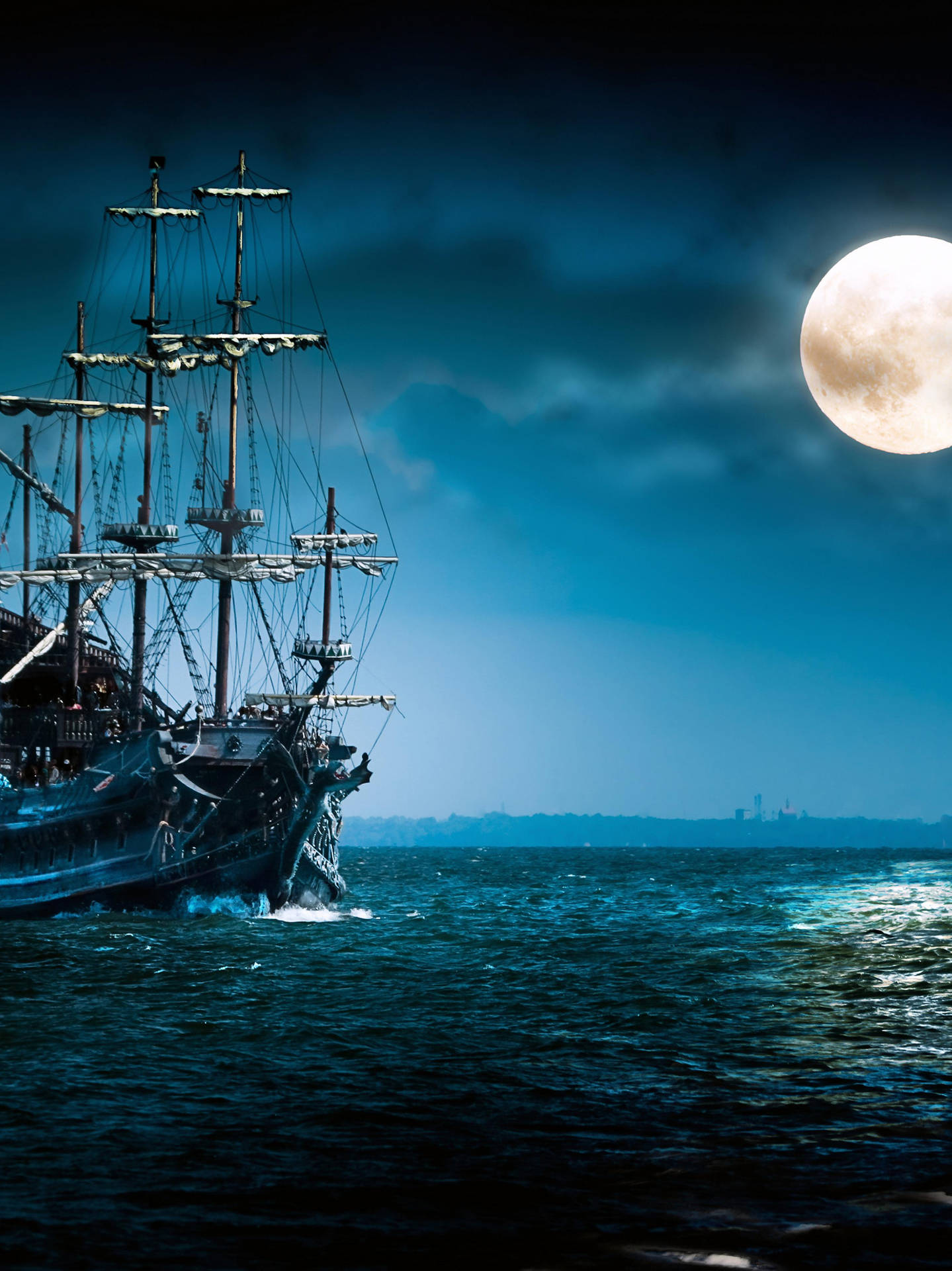 Sailing Ship And Moon Wallpaper