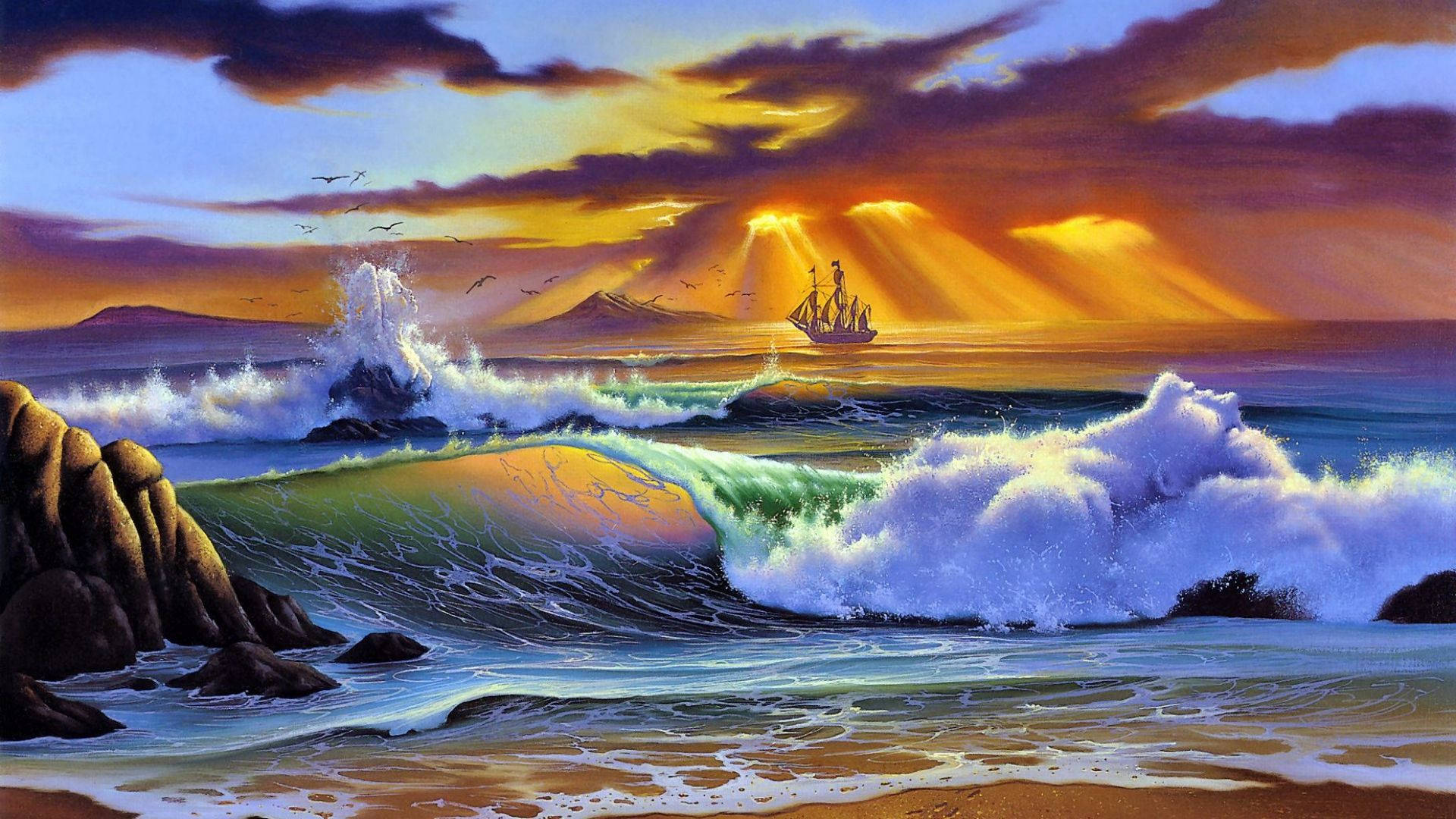 Sailing Ship On Beach Sunset Wallpaper