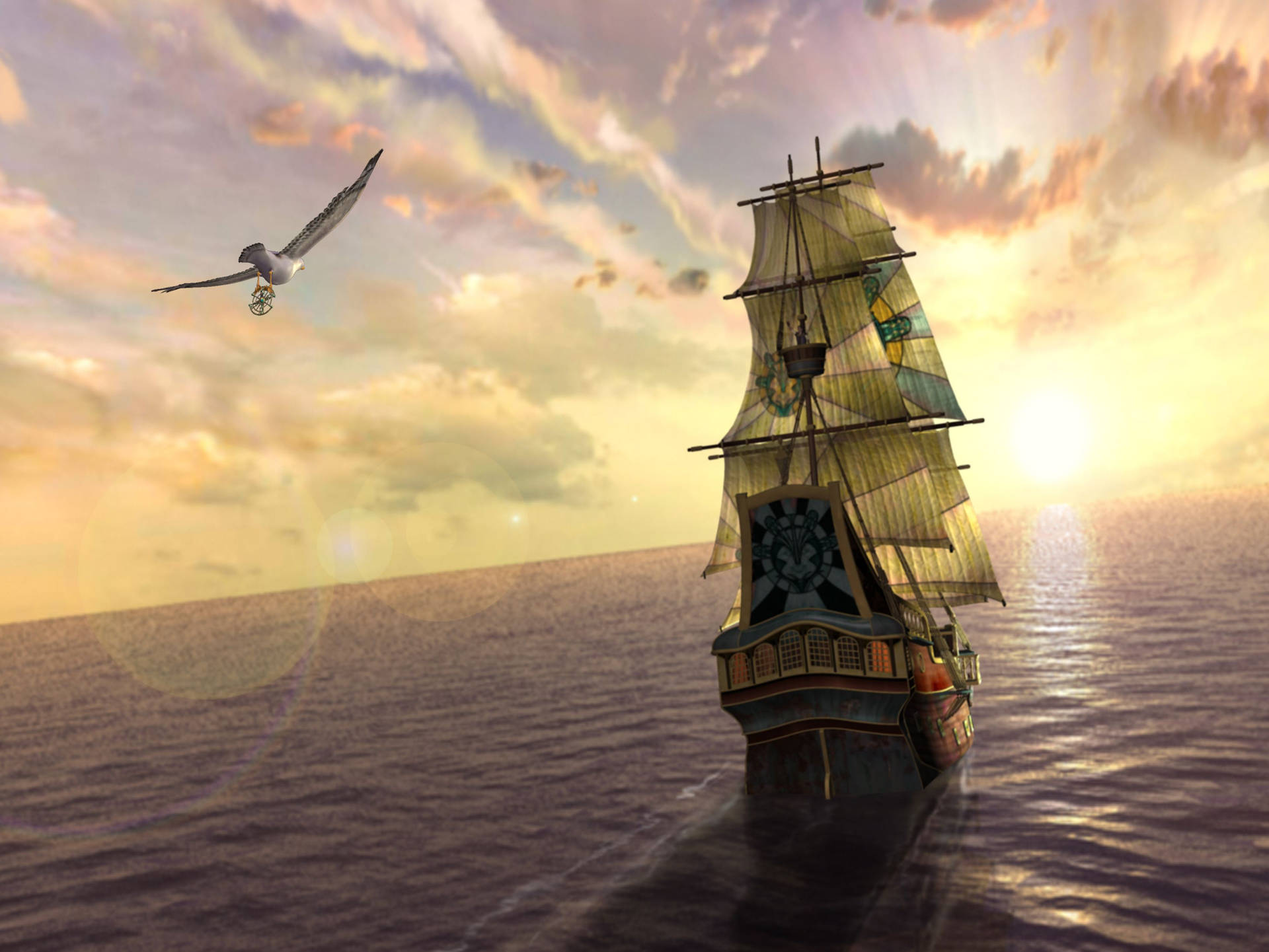 Sailing Ship With Flying Bird Wallpaper
