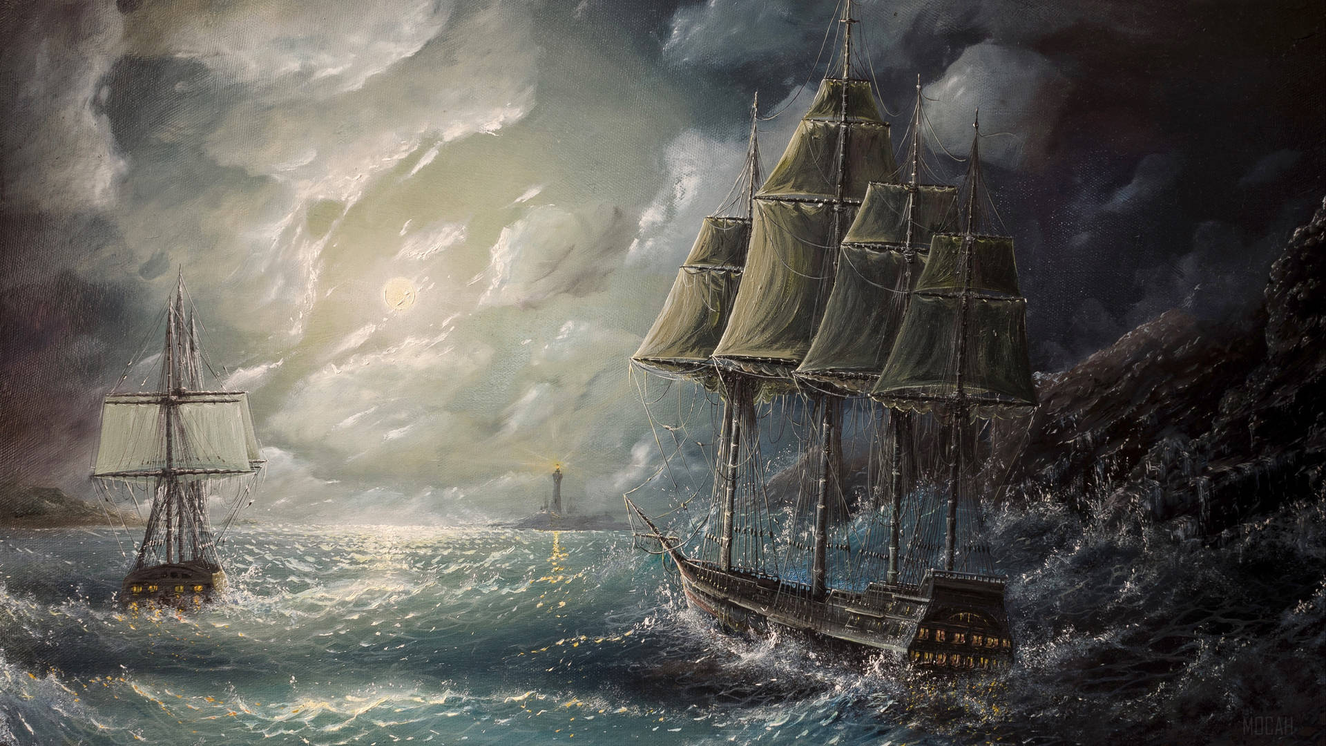 Sailing Ships At Sea Canvas Wallpaper