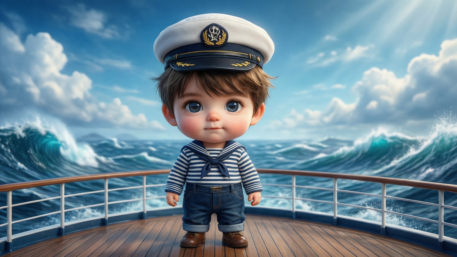 Cute anime sailor boy on ship deck amid ocean waves under bright sky