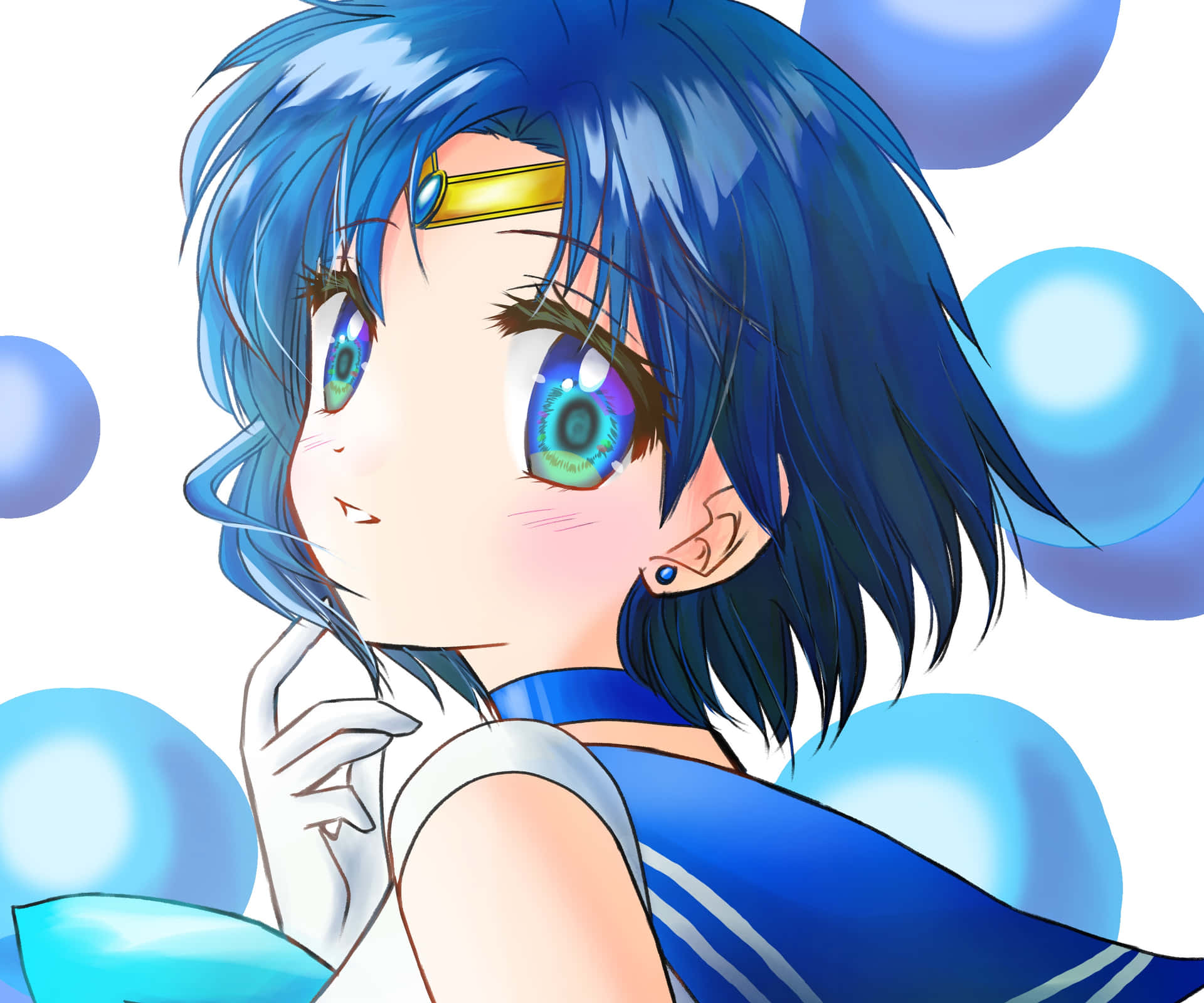 Sailor Mercury i en signatur blå og hviduniform stirrer med hendes ikoniske blik. Wallpaper