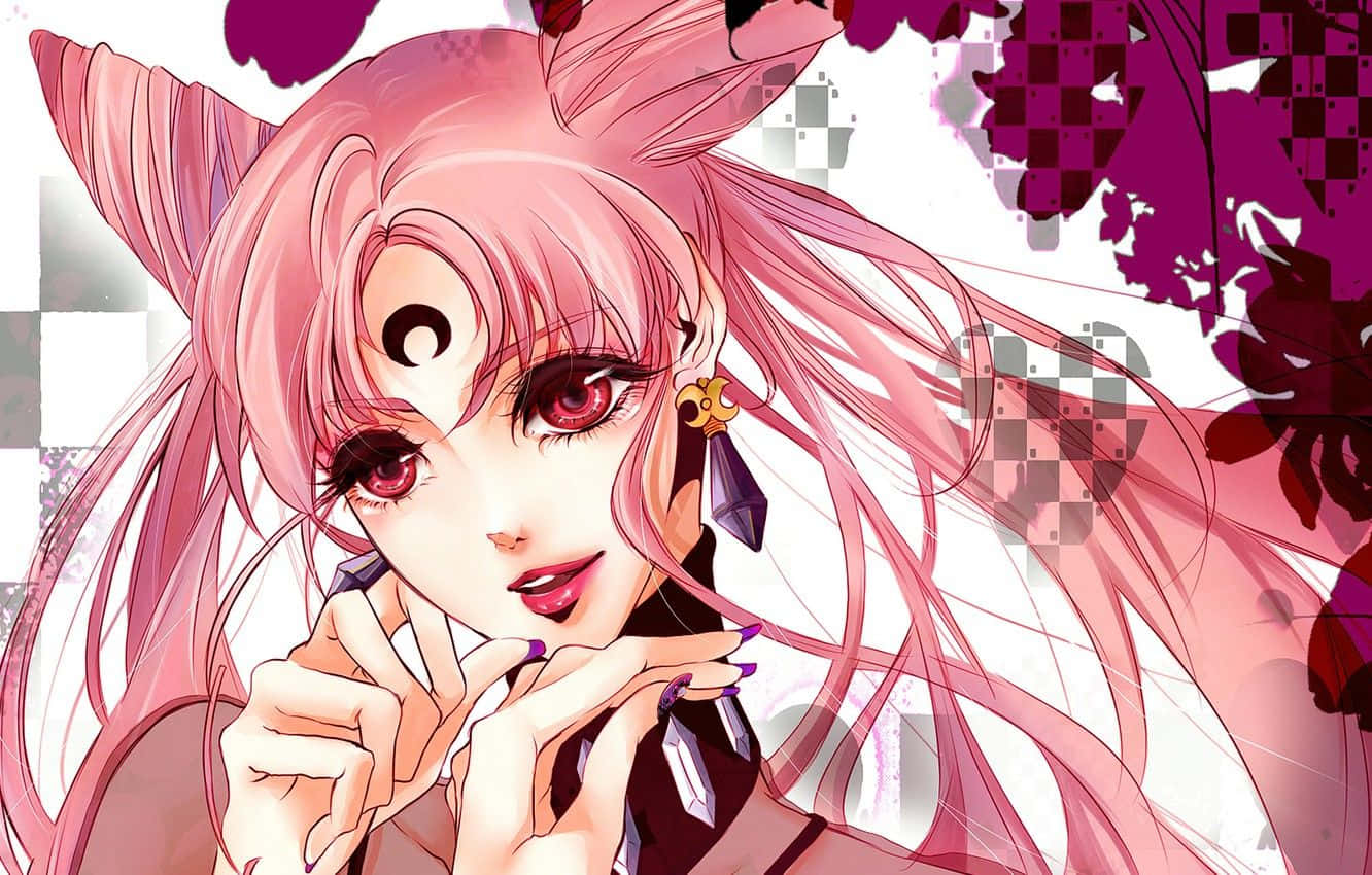 En pink animepige med langt hår og pink øjne Wallpaper