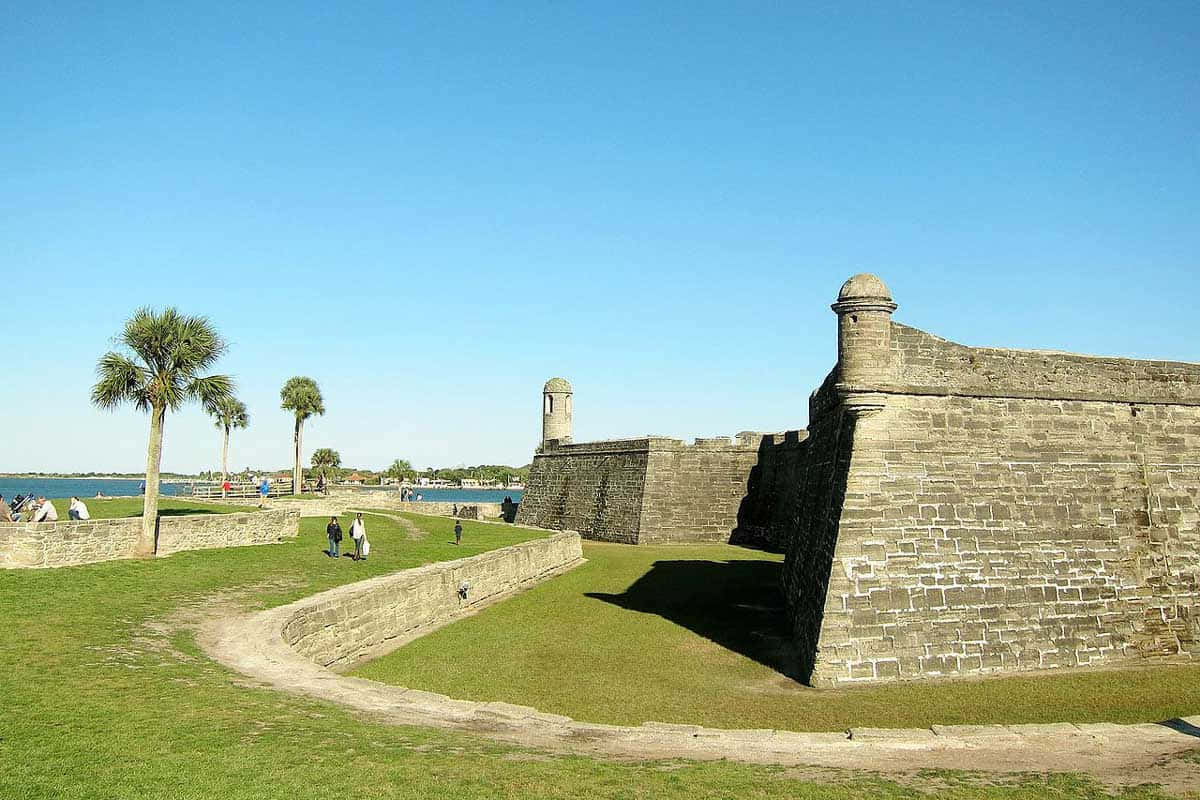 A Fortification With A Grassy Area And A Palm Tree
