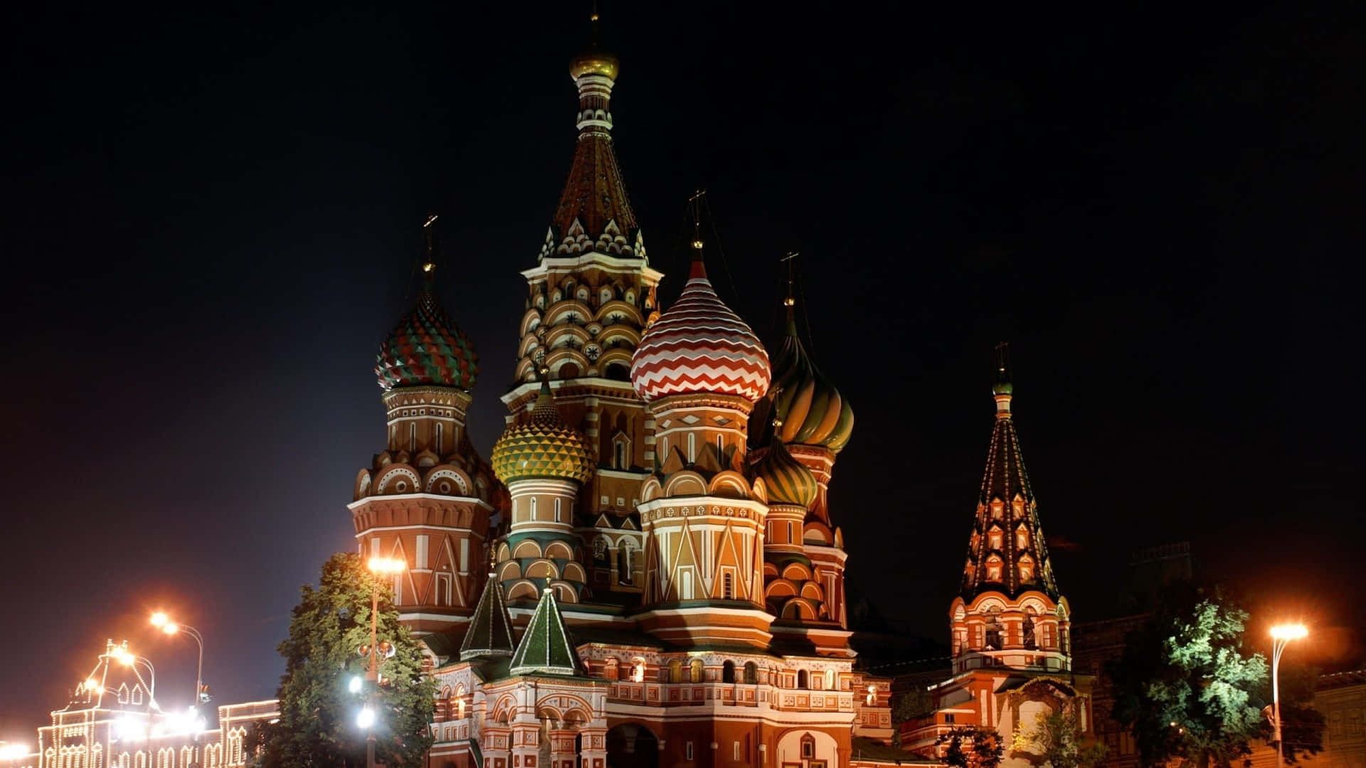 Saint Basils Cathedral With Street Lights Wallpaper