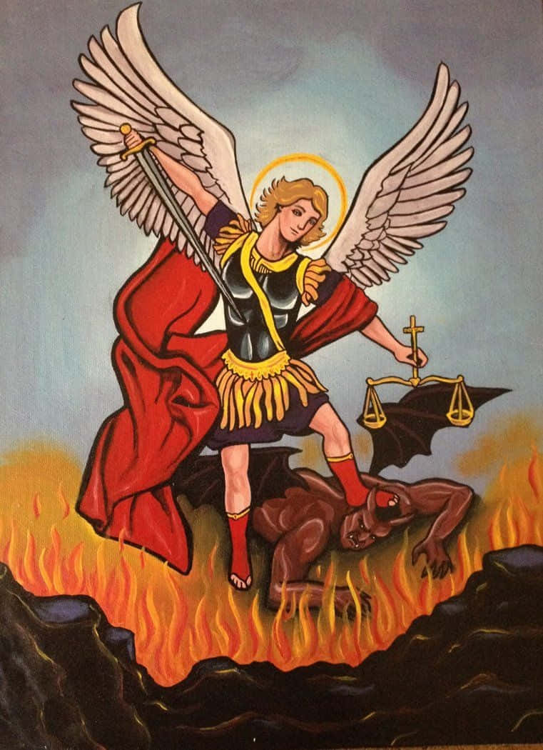 Impresionanteobra De Arte De San Miguel Arcángel Defendiéndose Contra El Mal. Fondo de pantalla