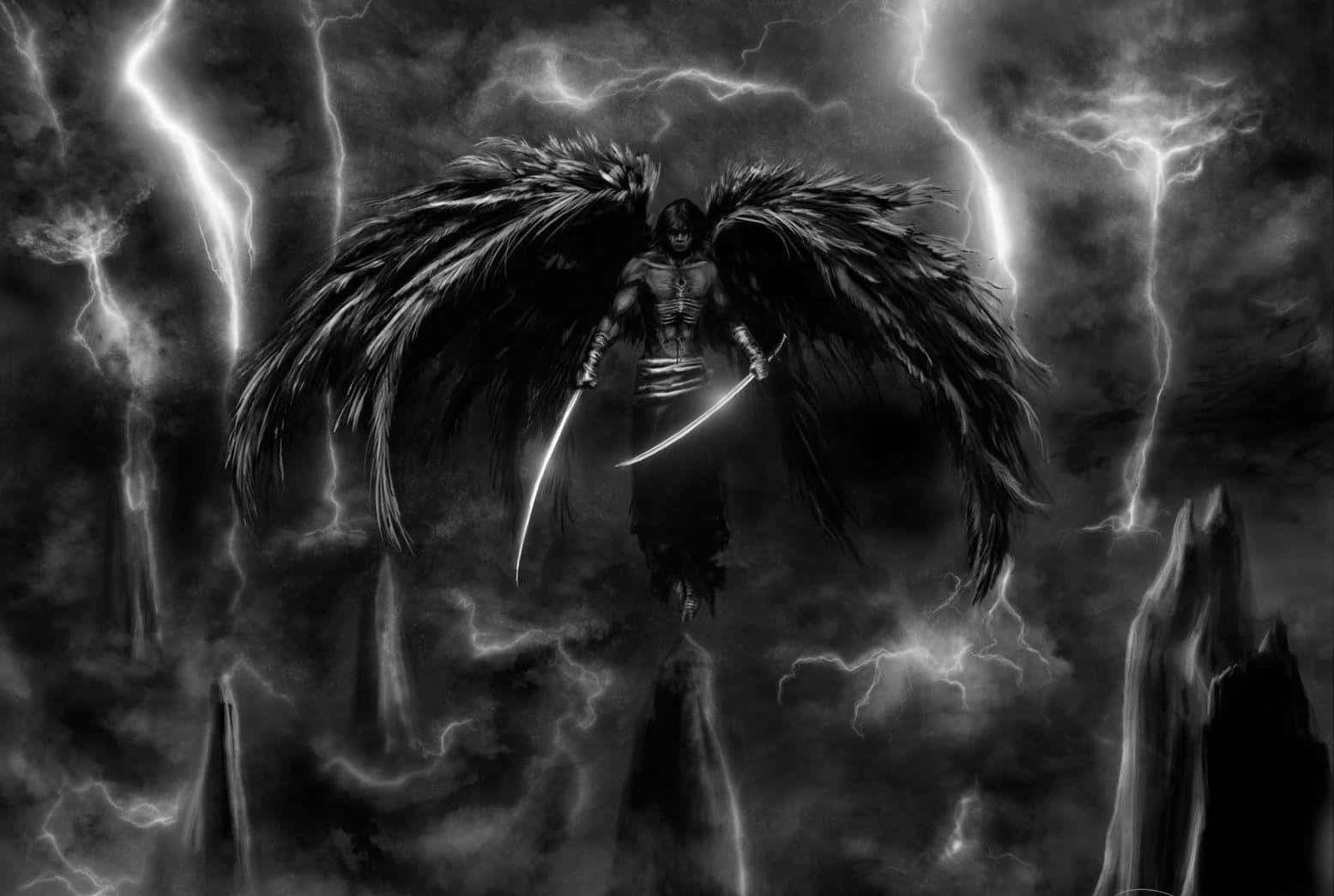 A Black And White Image Of An Angel With Wings Flying Over A Storm
