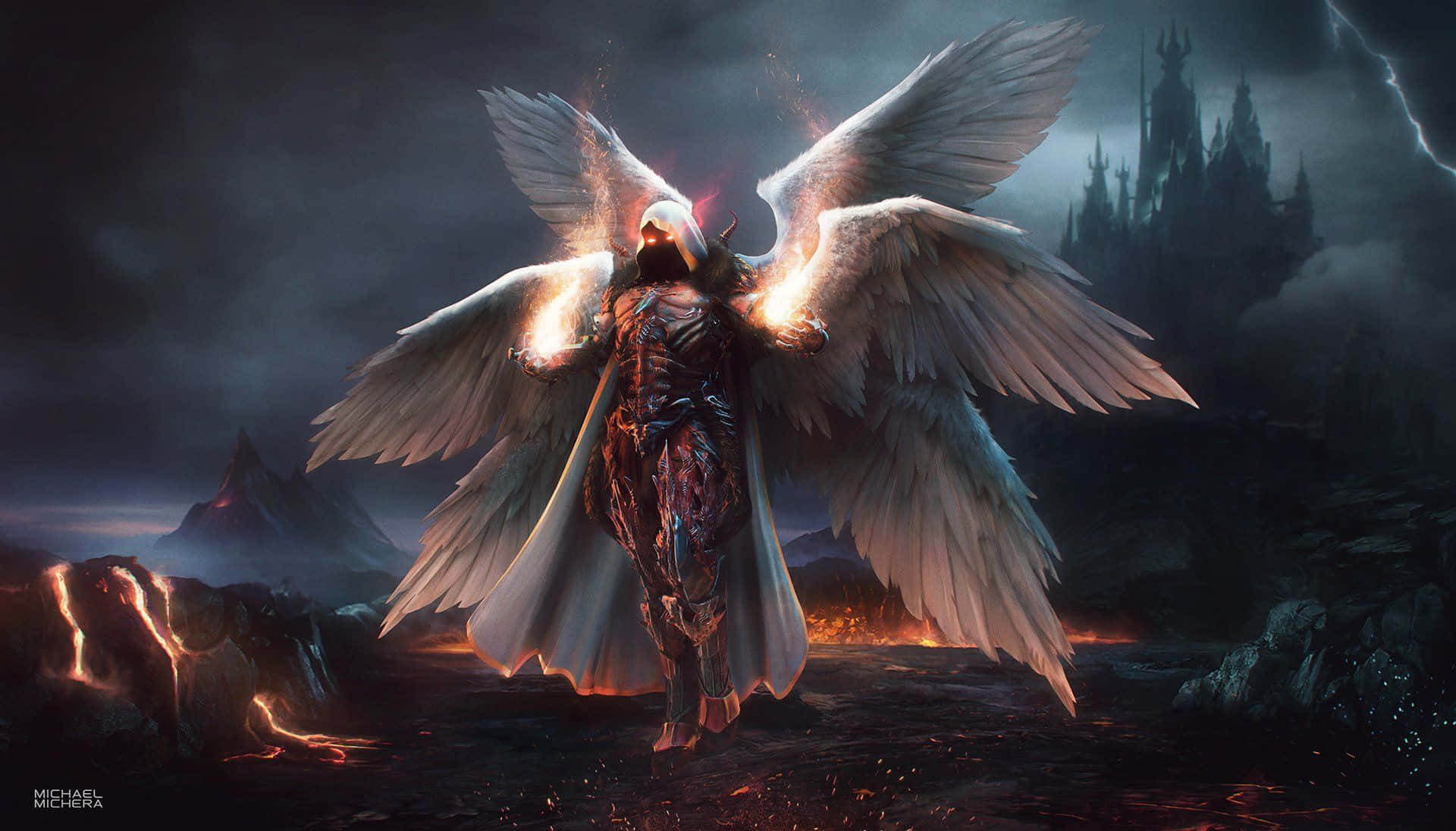A White Angel With Wings Standing In The Middle Of A Dark Scene