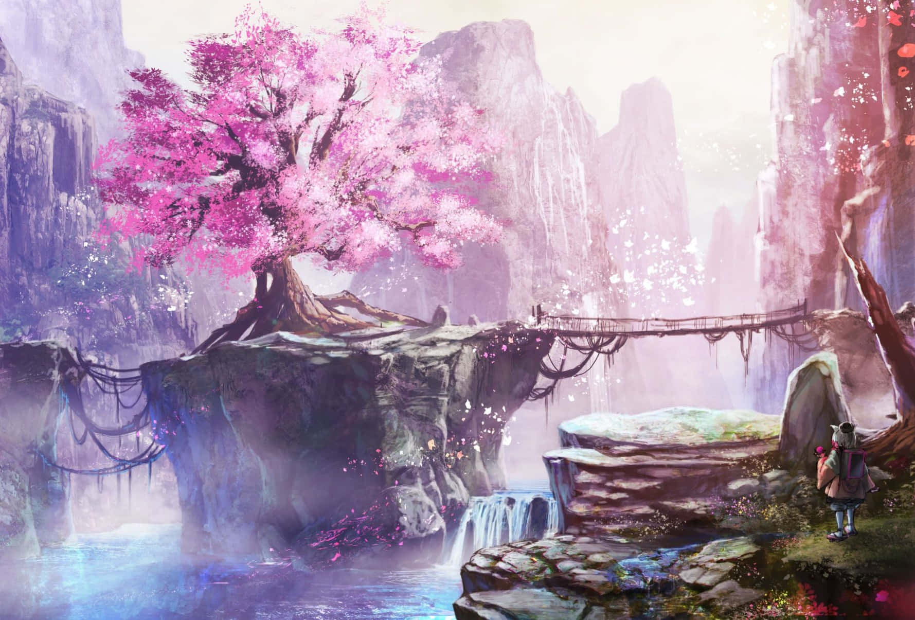 Vattenfallmed Sakura Anime Träd Landskap Digital Målning. Wallpaper