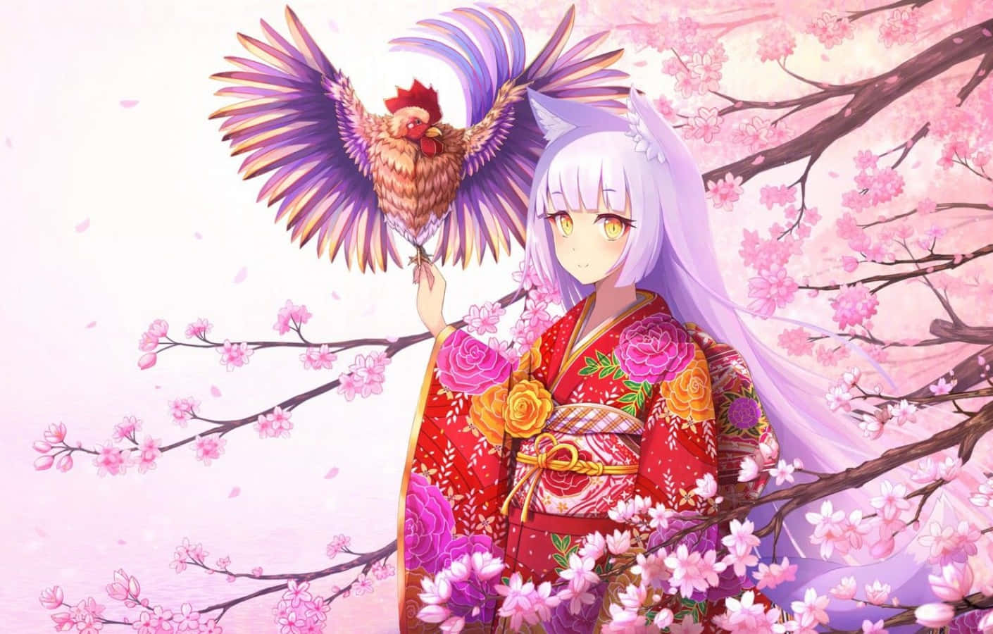 Sakura Anime Kitsune Girl Wearing Red Kimono Wallpaper