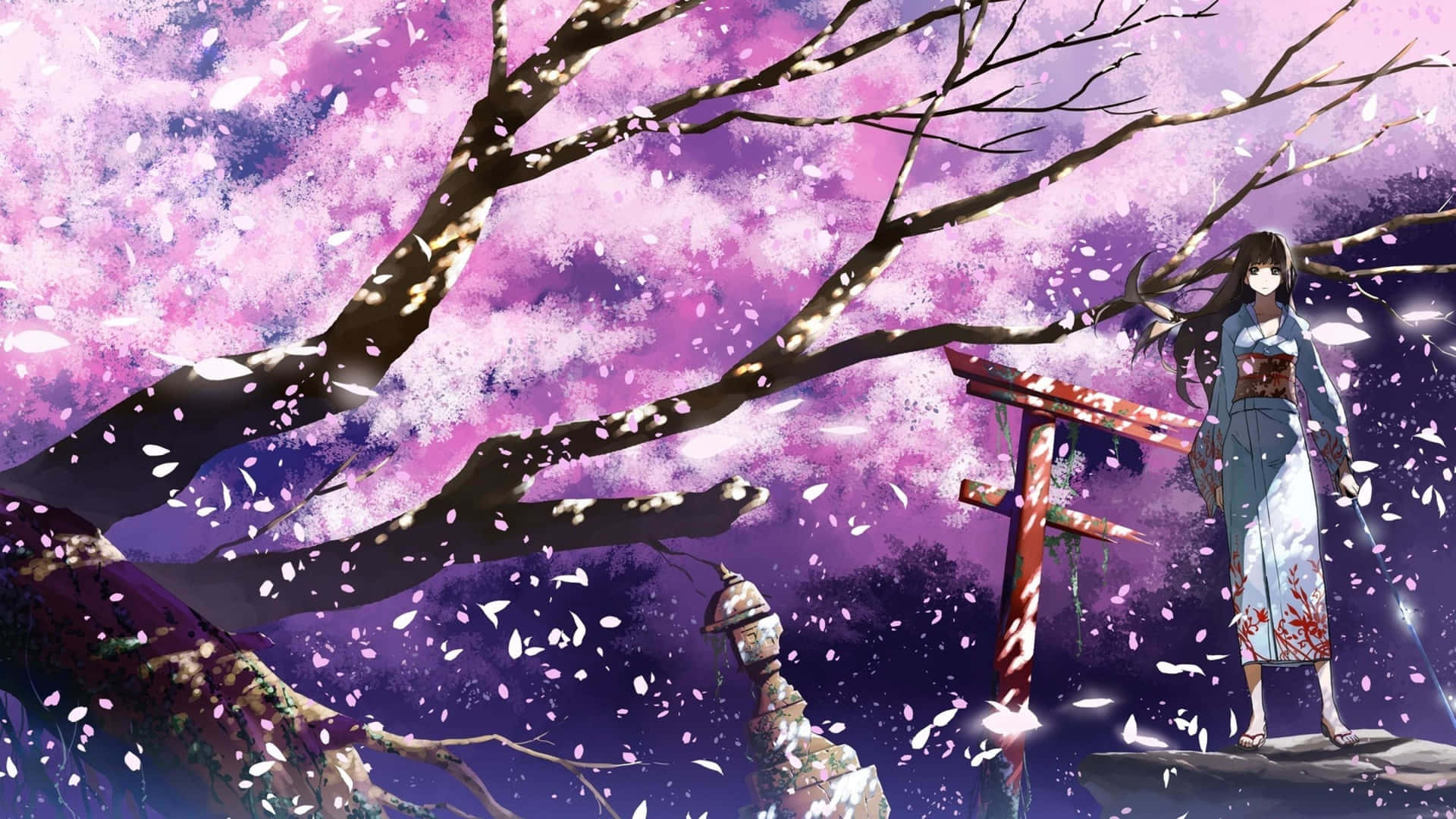 En levende og smuk animekunst med Sakura Gassho. Wallpaper