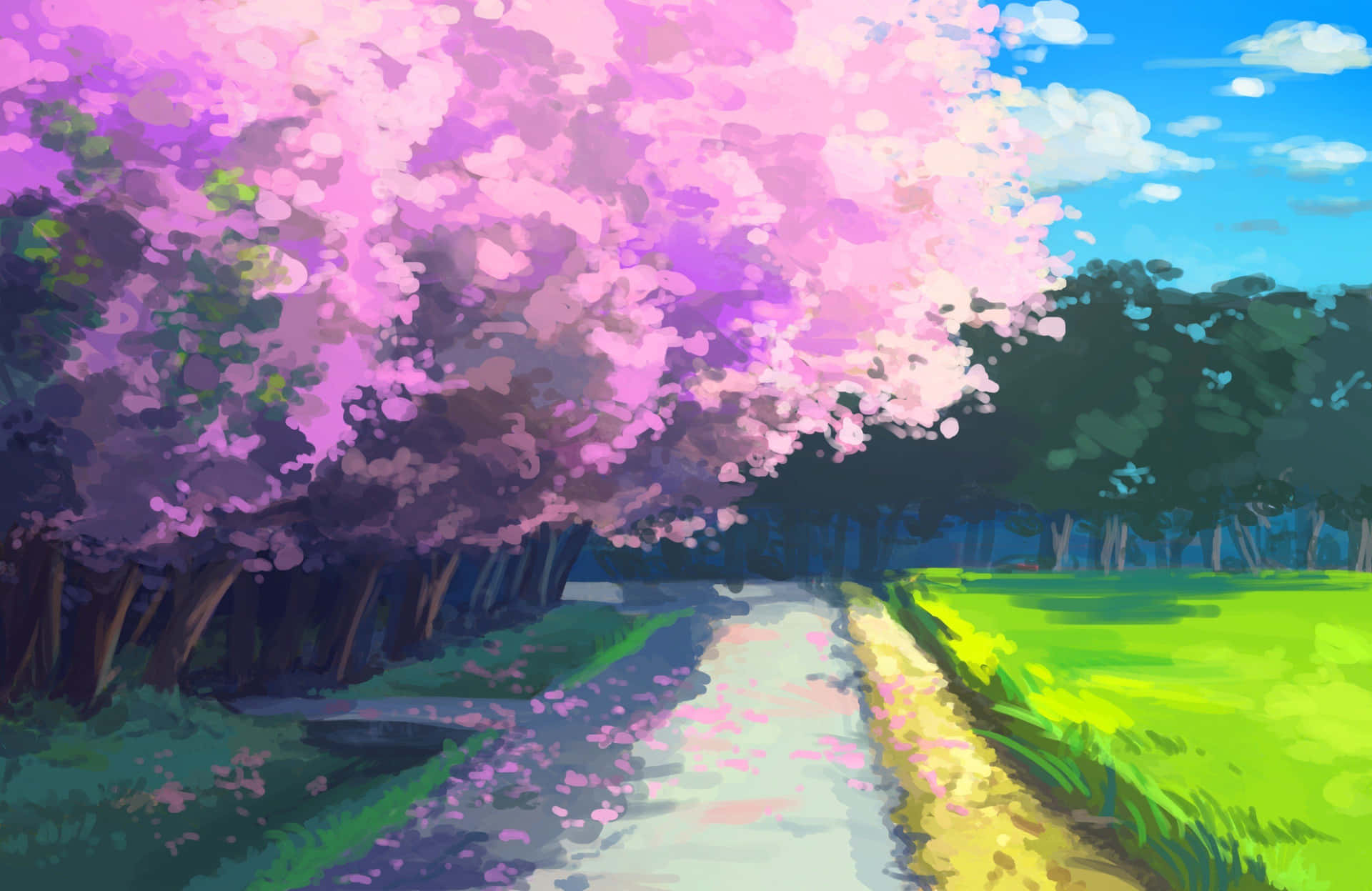Pfadmit Sakura Anime-bäumen Digitales Gemälde Wallpaper