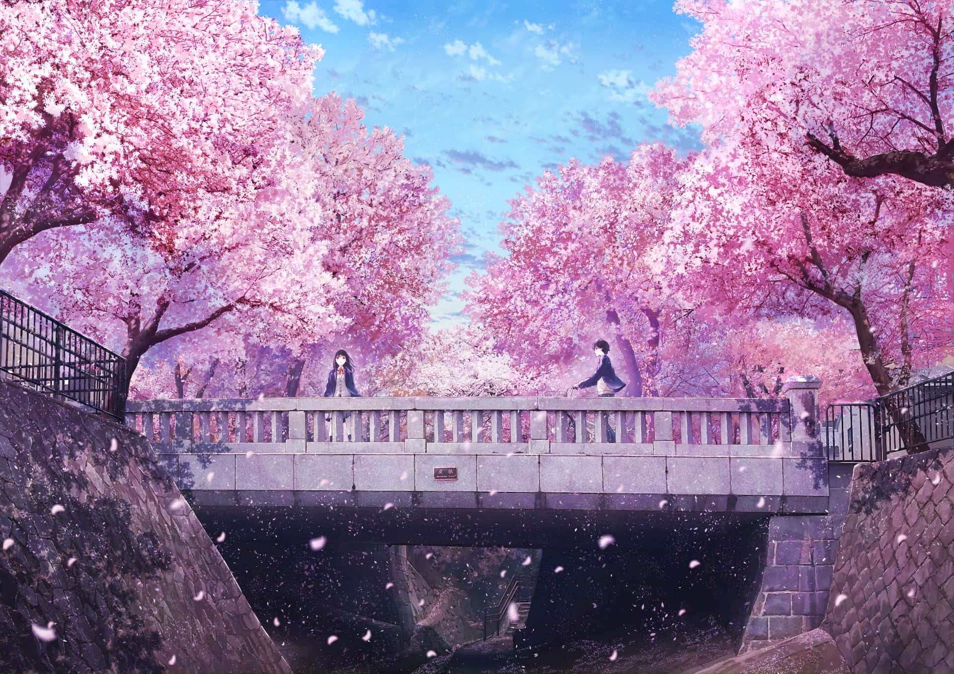 A Painting Of A Bridge With Pink Blossoms