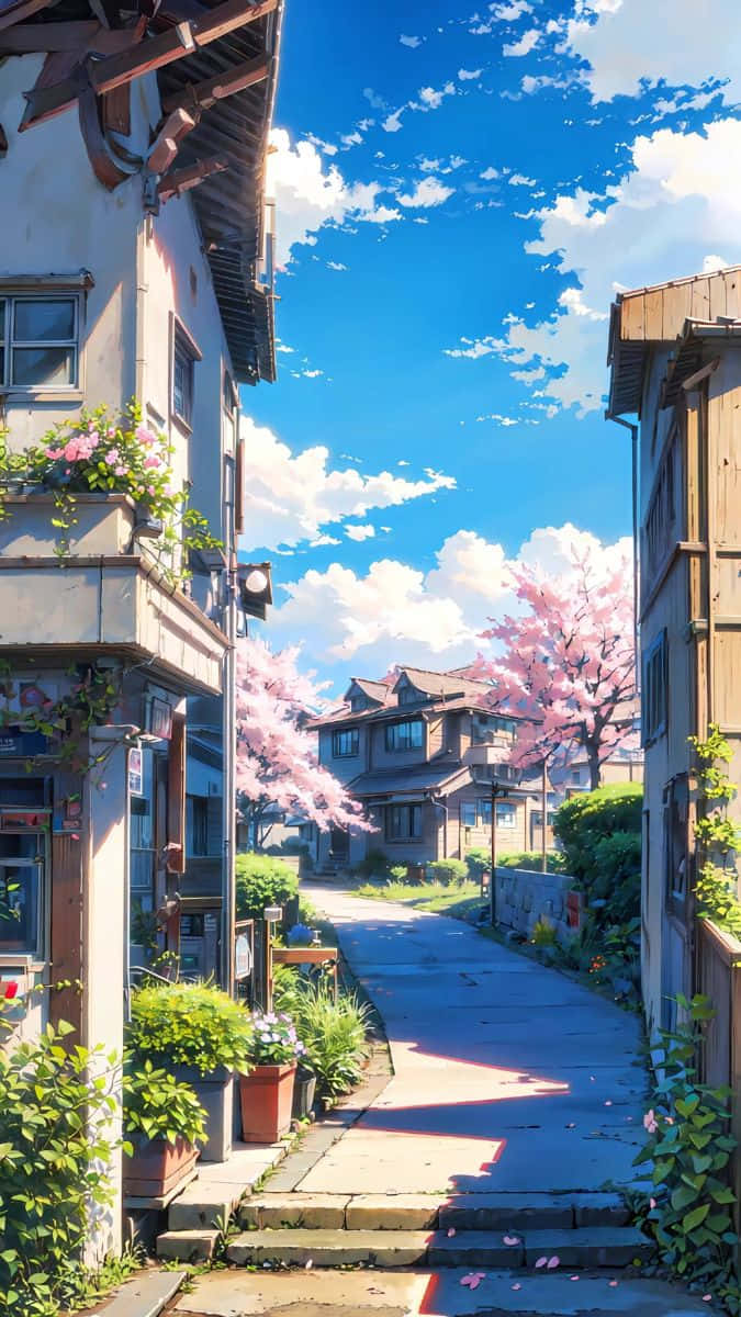 Sakura Blossom Street Anime Scenery Wallpaper