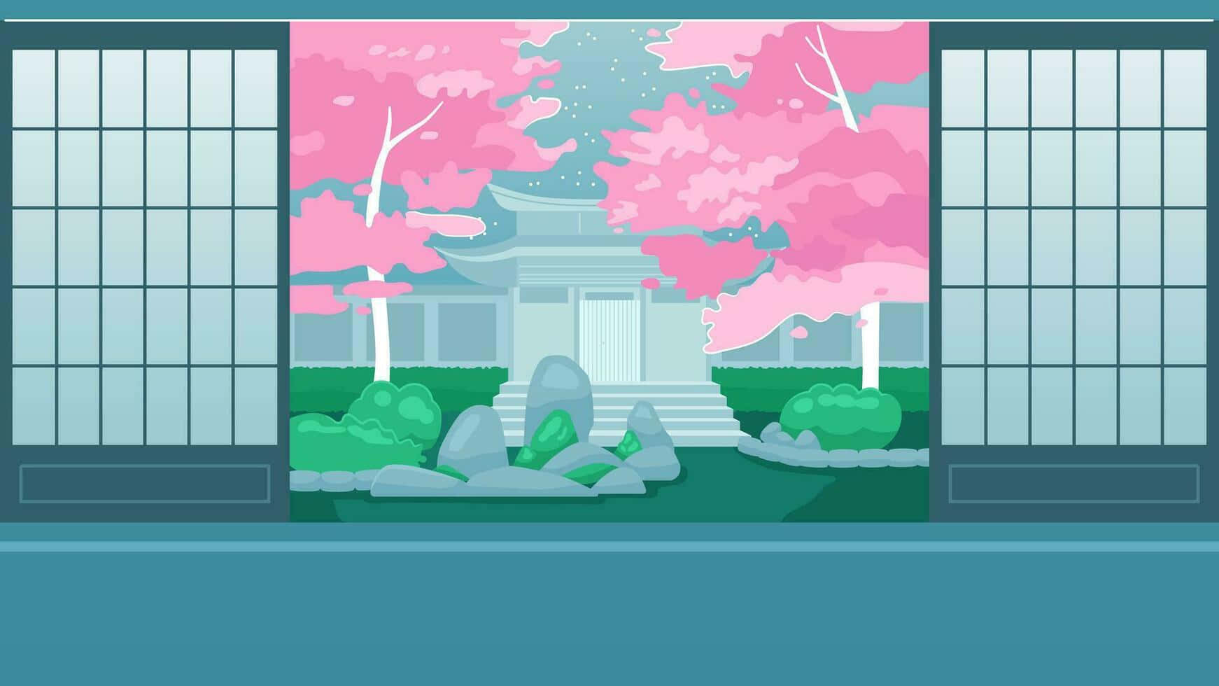 Sakura Blossom View From Traditional Japanese Room Wallpaper