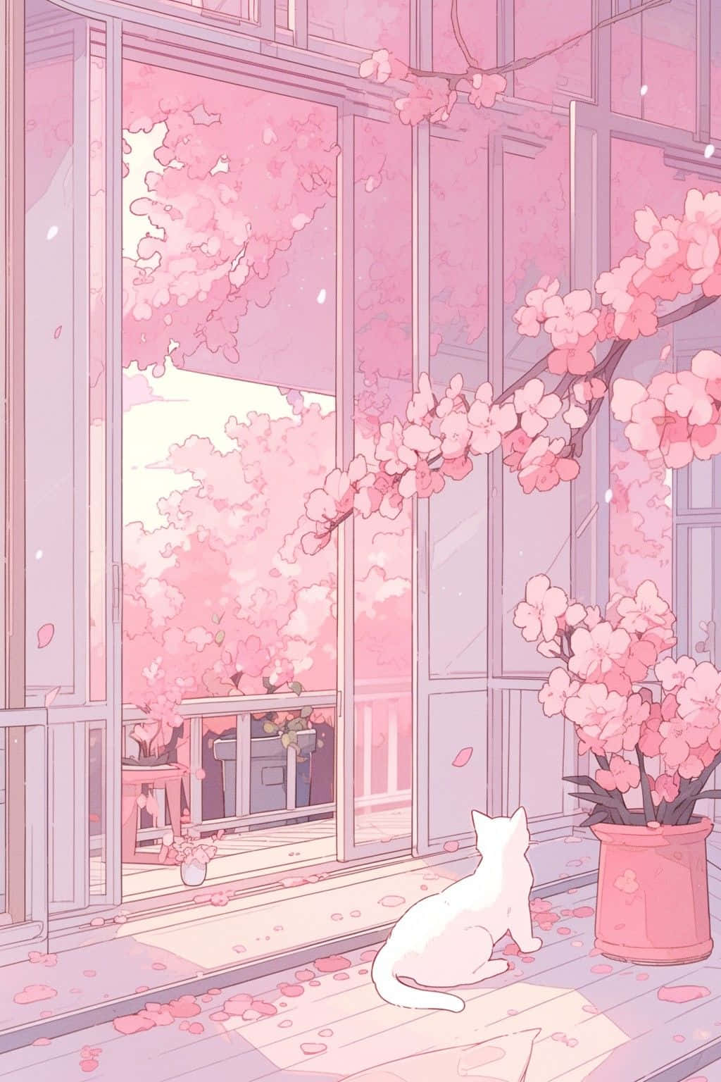 Sakura Blossom Windowwith Cat Wallpaper