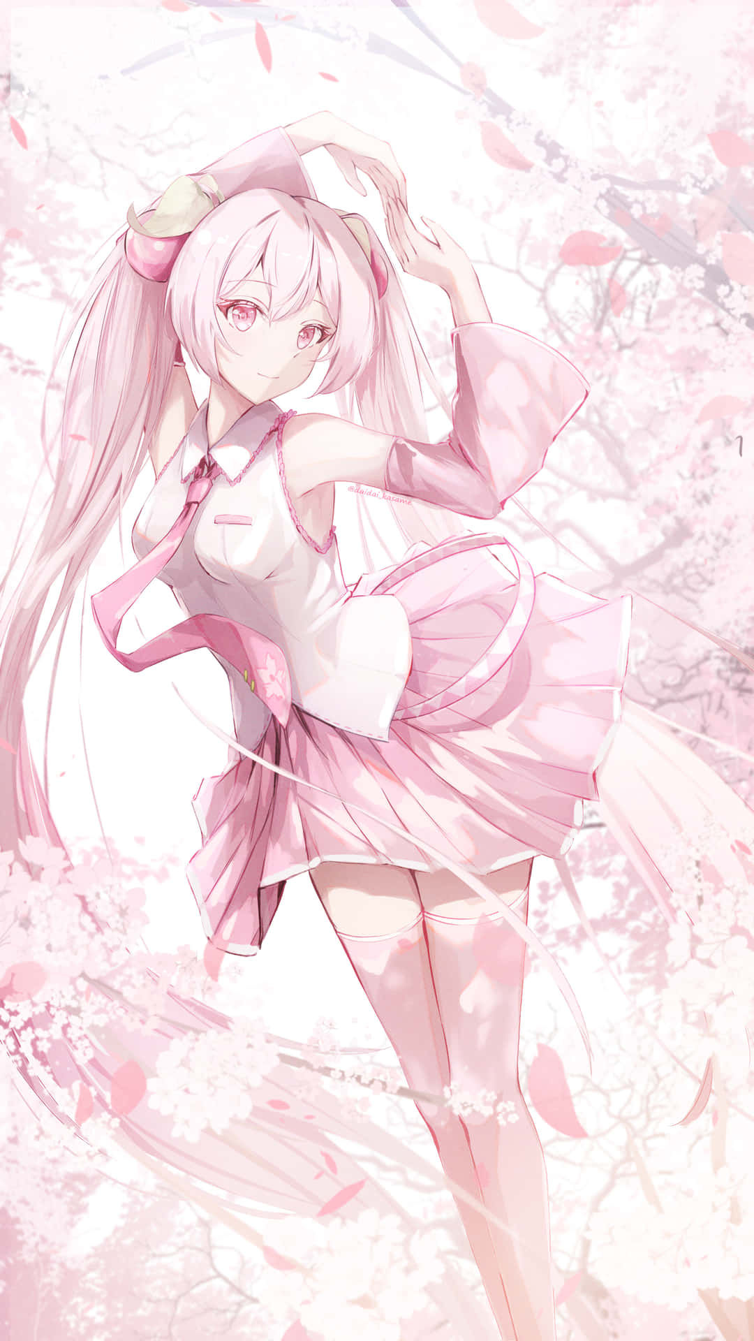 A dreamy pink landscape with Sakura Miku standing in the center Wallpaper