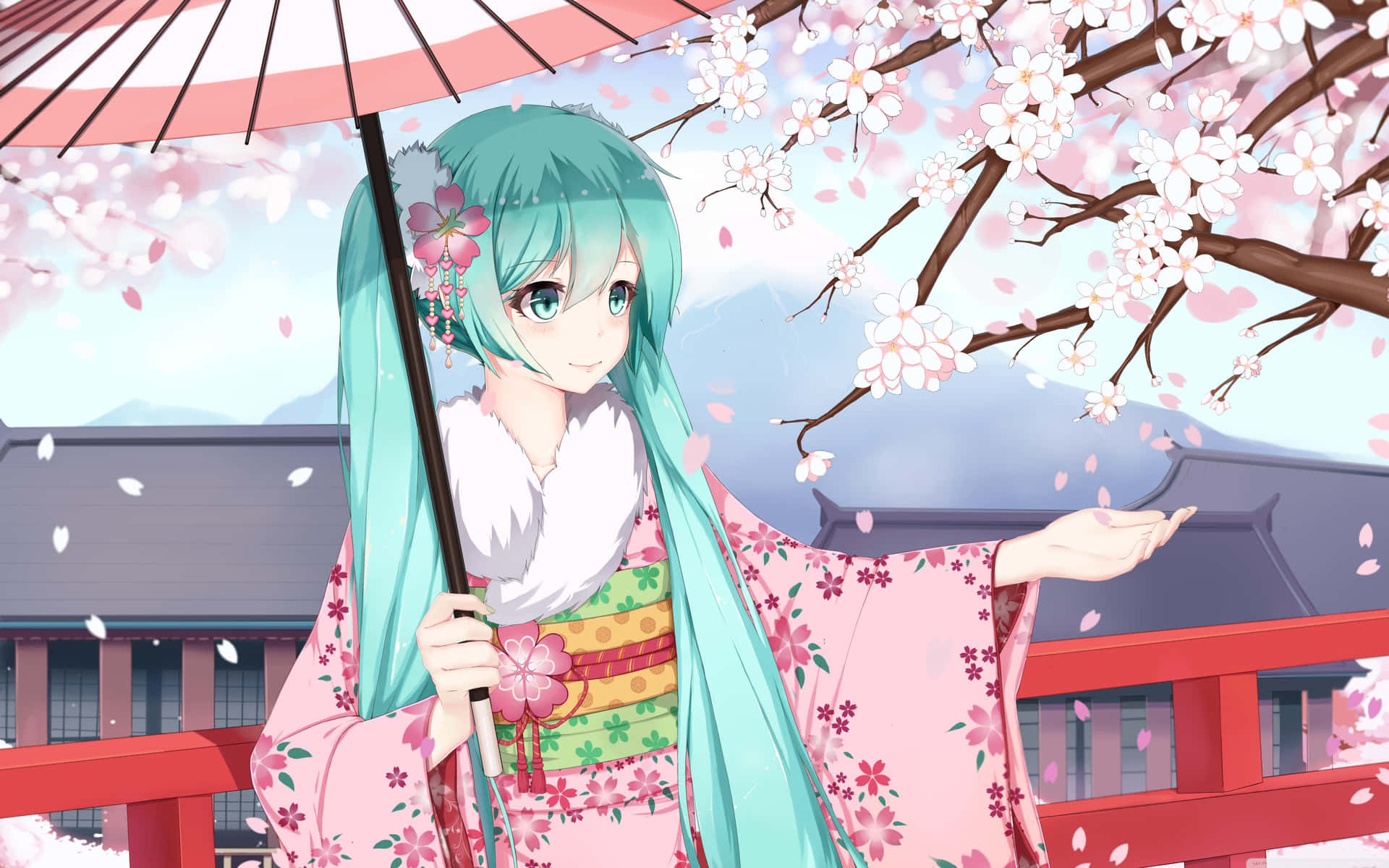 Sakura Miku emerges from a blossom of cherry trees Wallpaper