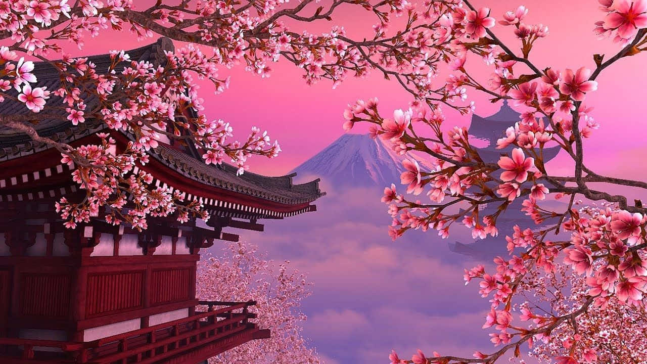 A Japanese Temple With Pink Blossoms And Clouds Wallpaper