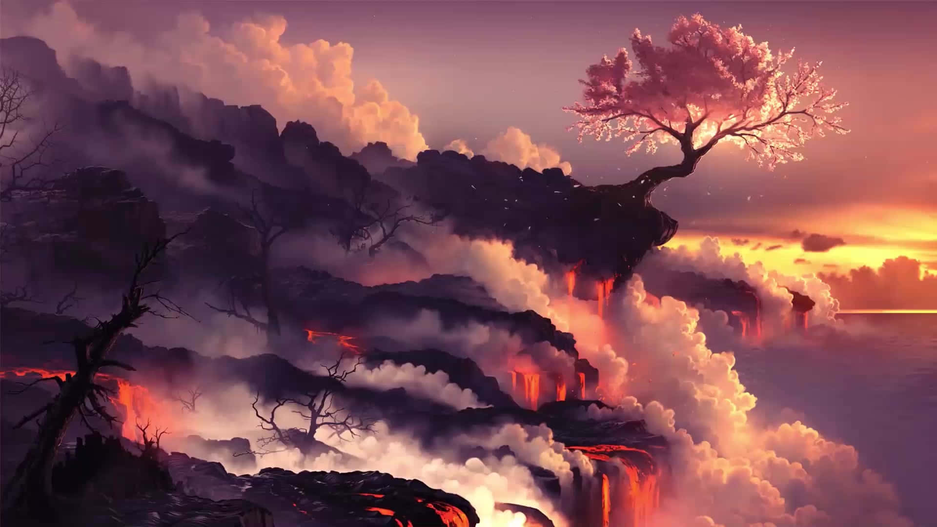 A Tree On A Cliff With Lava And A Sunset Wallpaper