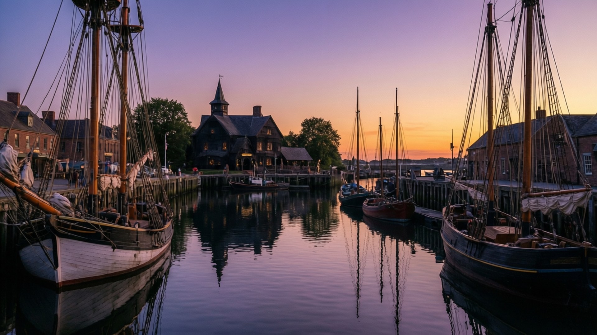 Sailboats docked in harbor at sunset with historic buildings and calm water reflections