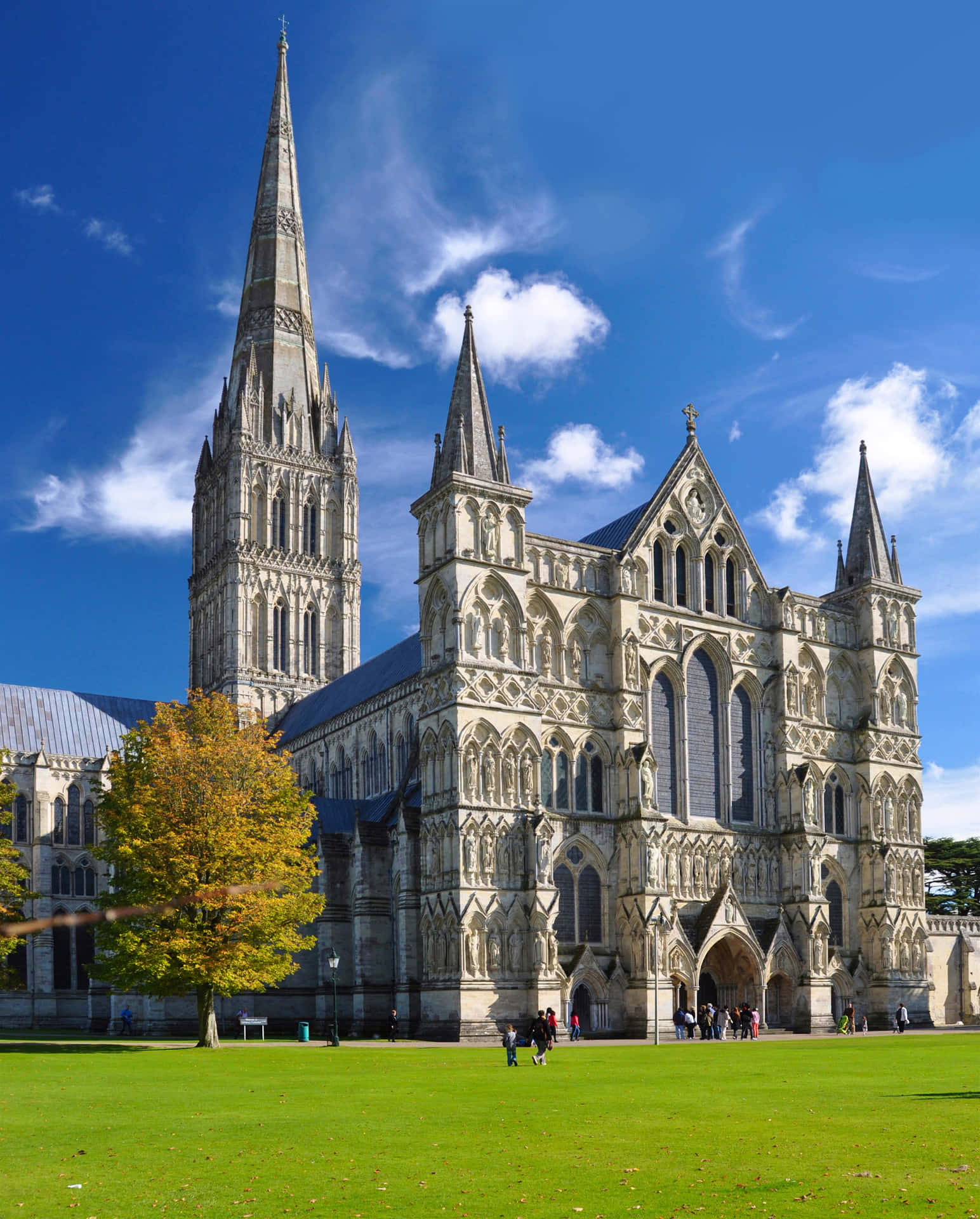 Salisbury Cathedralin Ulkopuoli Aurinkoisena Päivänä Taustakuva