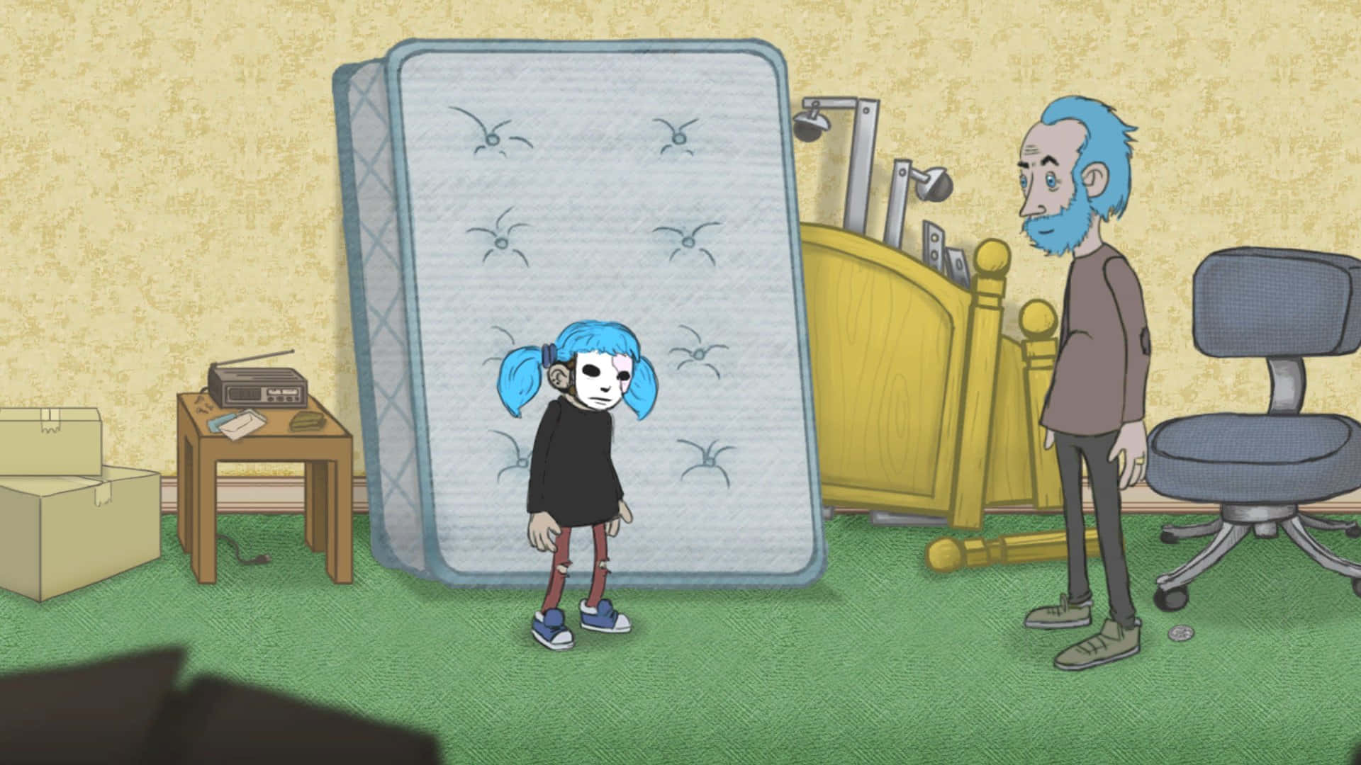 Dark and surreal illustration depicting Sally Face, a unique blue-haired protagonist with a mysterious prosthetic mask.