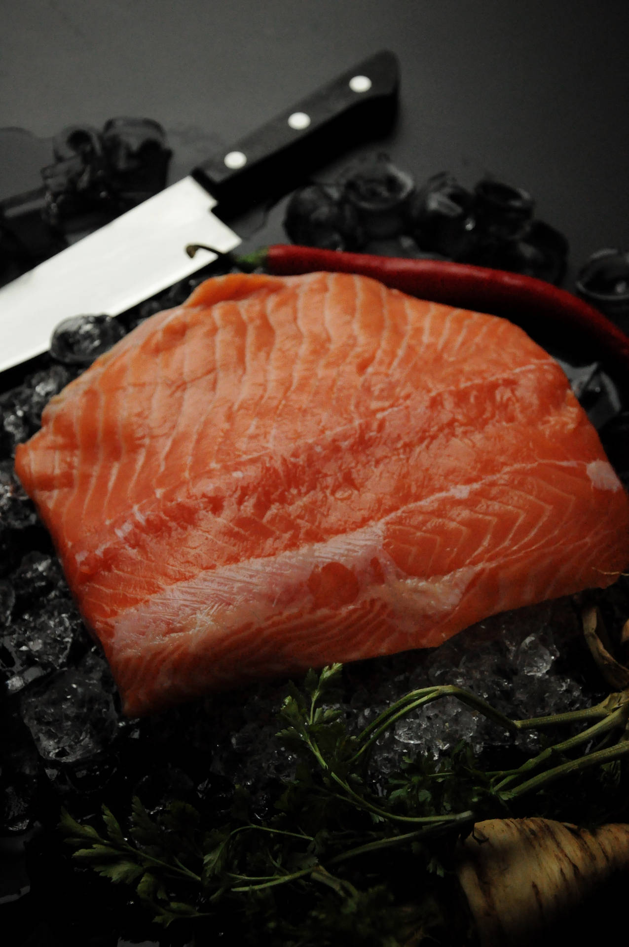Salmon Raw With Seaweed And Knife Wallpaper