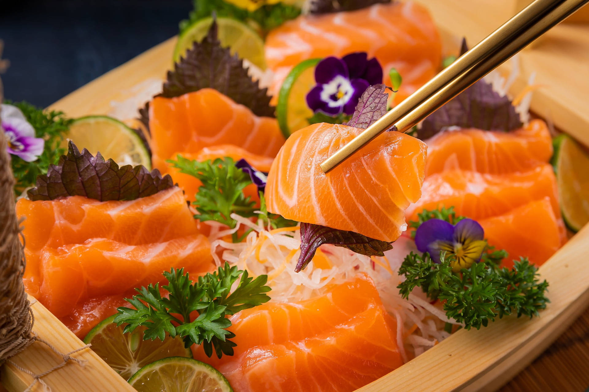 Salmon Slices And Vegetables With Chopsticks Wallpaper