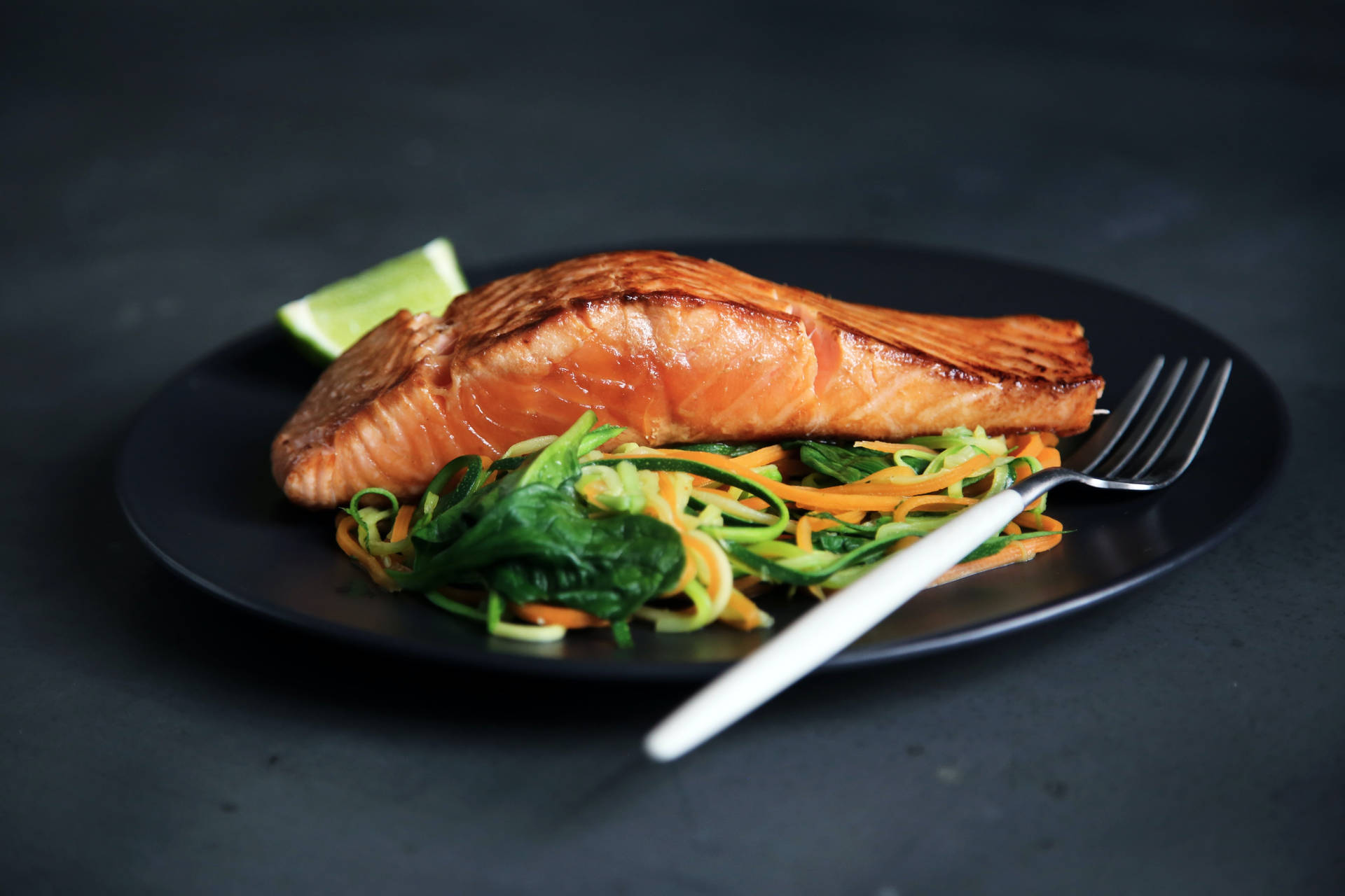 Salmon With Sliced Vegetables And Fork Wallpaper