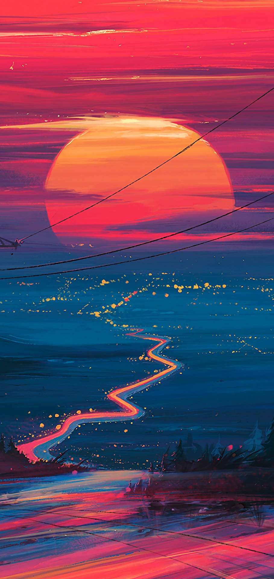 Samsung Galaxy 4k Road Sunset Scene Artwork Wallpaper