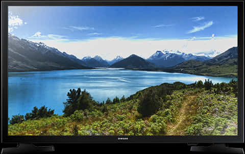 Samsung L E D T V Displaying Mountain Landscape PNG