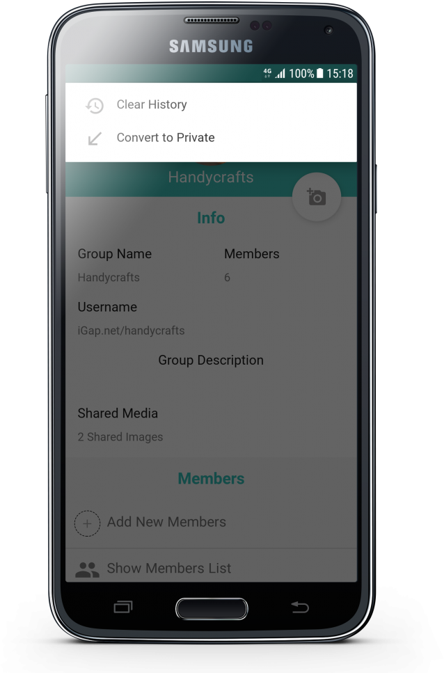Samsung Smartphone Displaying Group Chat Options PNG