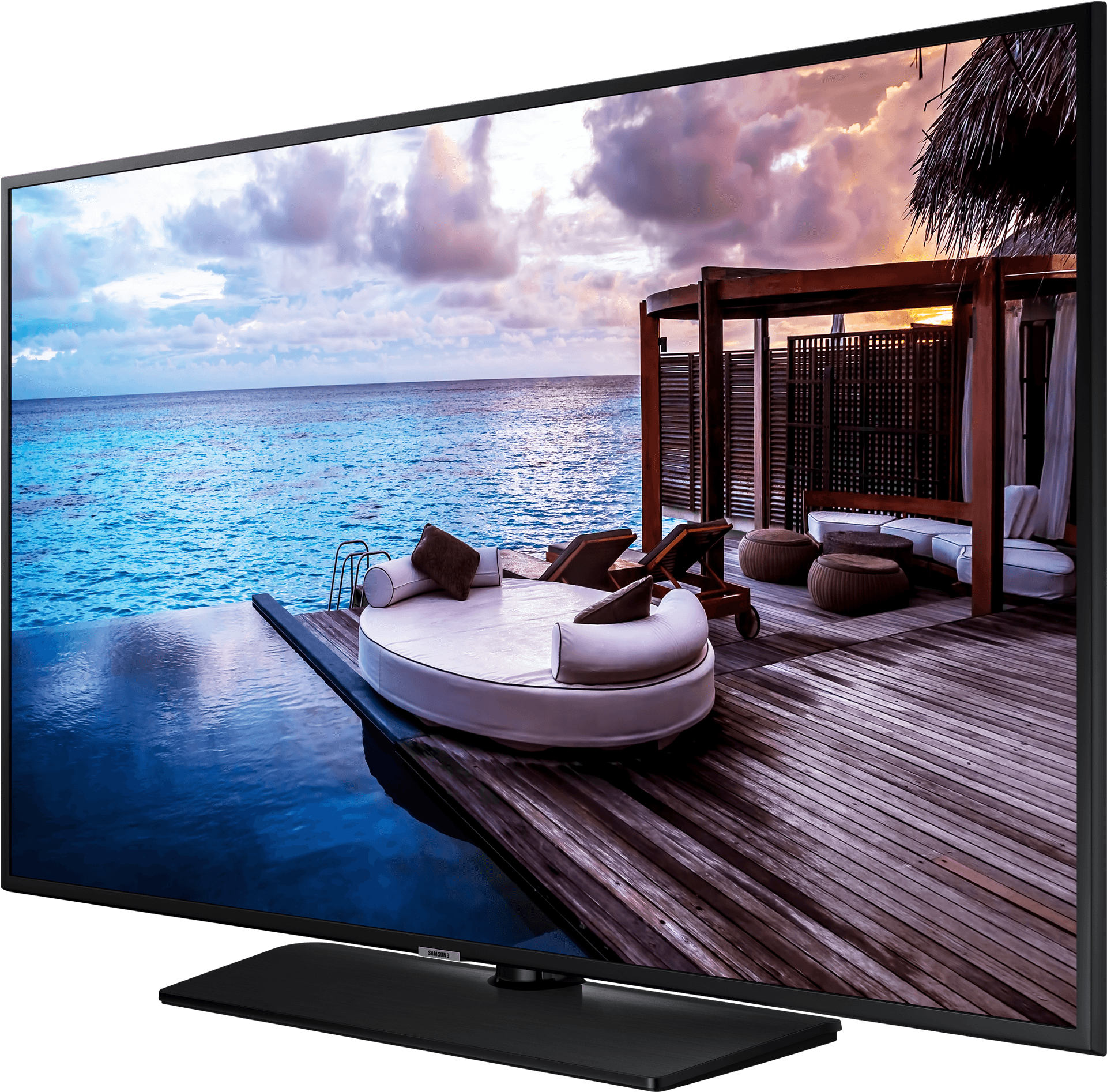 Samsung T V Displaying Tropical Seaside View PNG